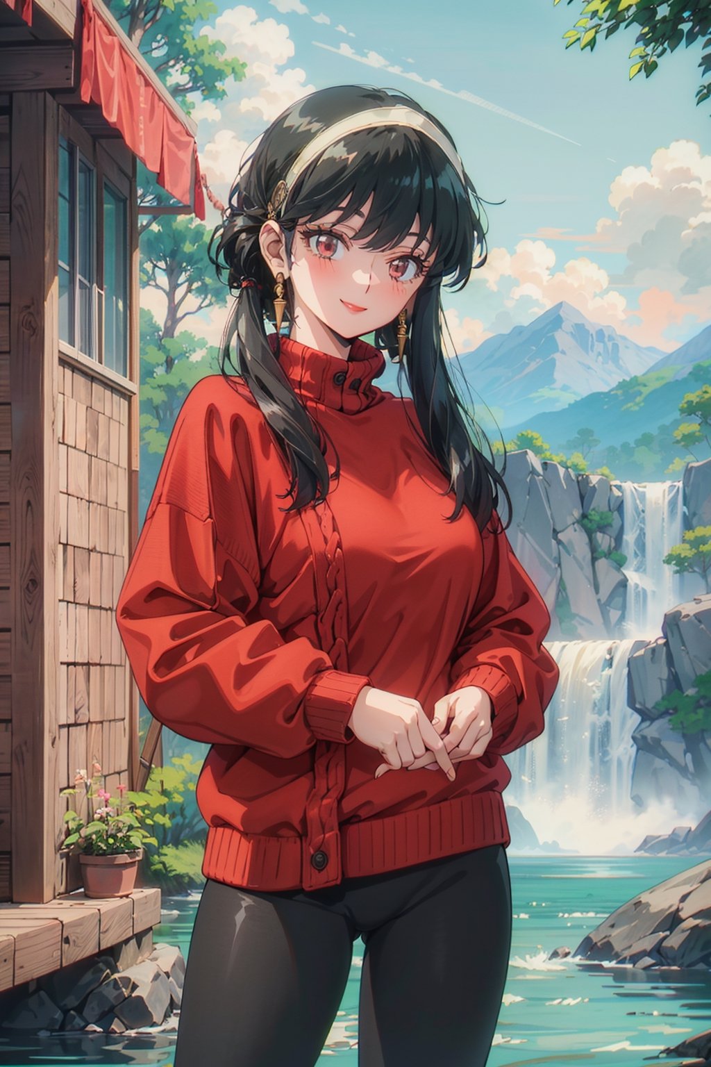 1girl, 27 year old,wearing an red sweater, black hair,red sweater with details, smile, golden details, full sleeved, leggings, jewelery,anime,retro,better_hands,hands