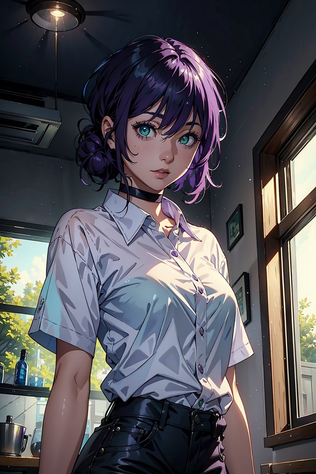 1girl, in a room, purple hair, green eyes, white shirt, day lighting, detailed artwork