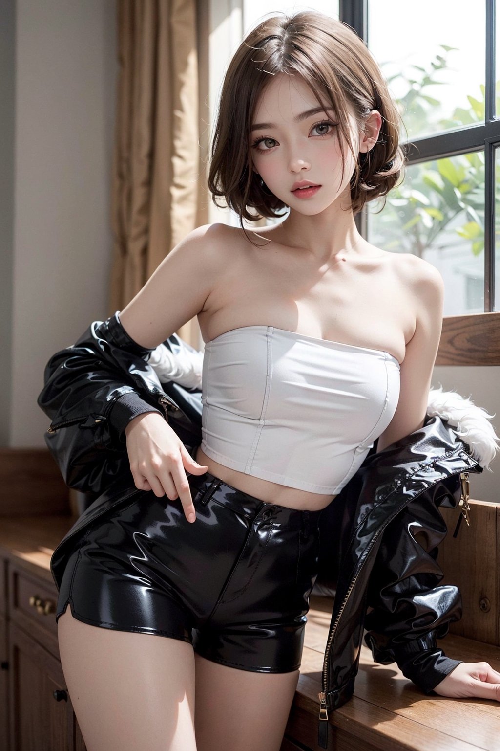 ultra detailed, very cute girl,wearing cropped white furry strapless tops,tight latex mini shorts,elegent,leaning