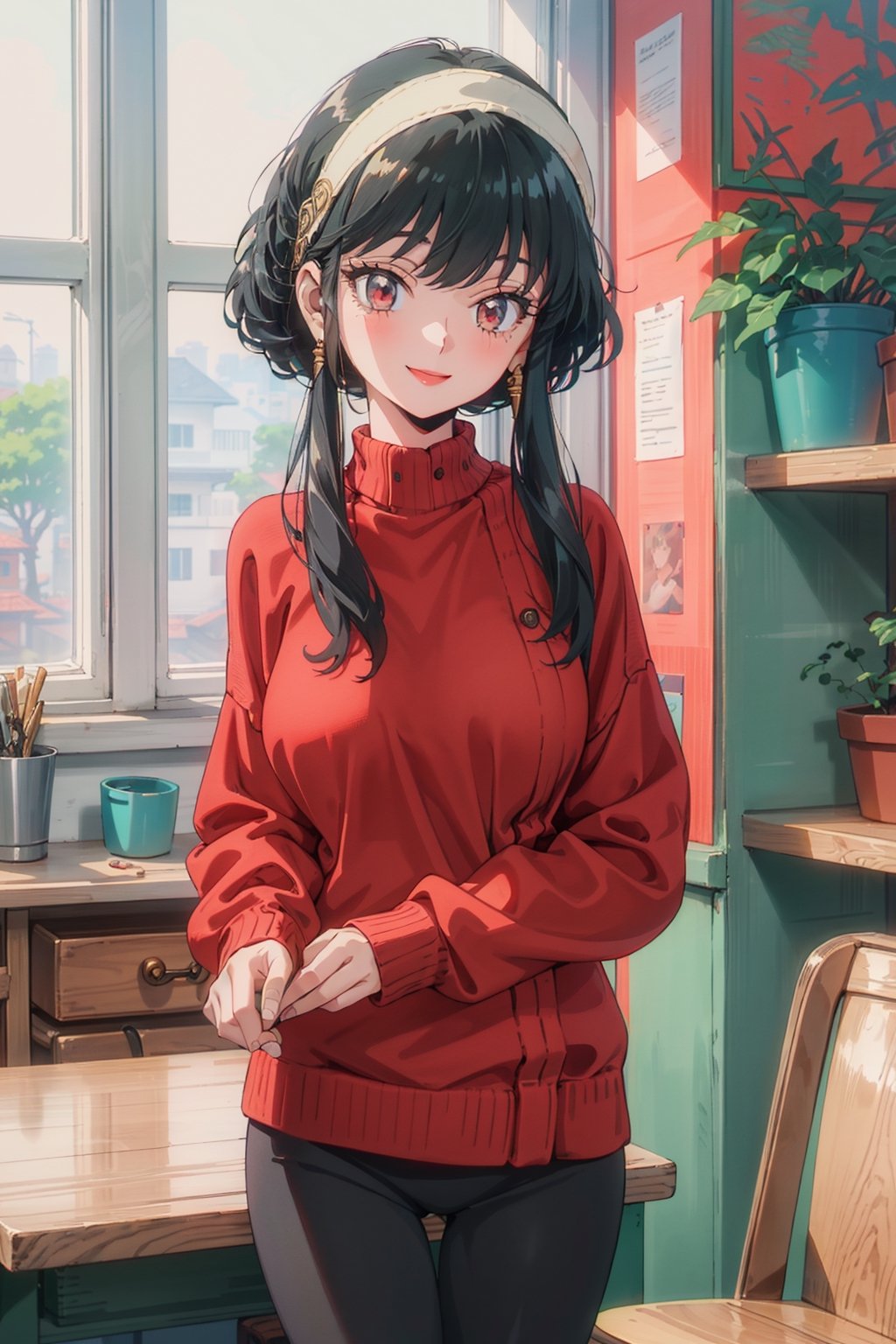 1girl, wearing an red sweater, black hair,red sweater with details, smile, golden details, full sleeved, leggings, jewelery,anime,retro,better_hands,hands