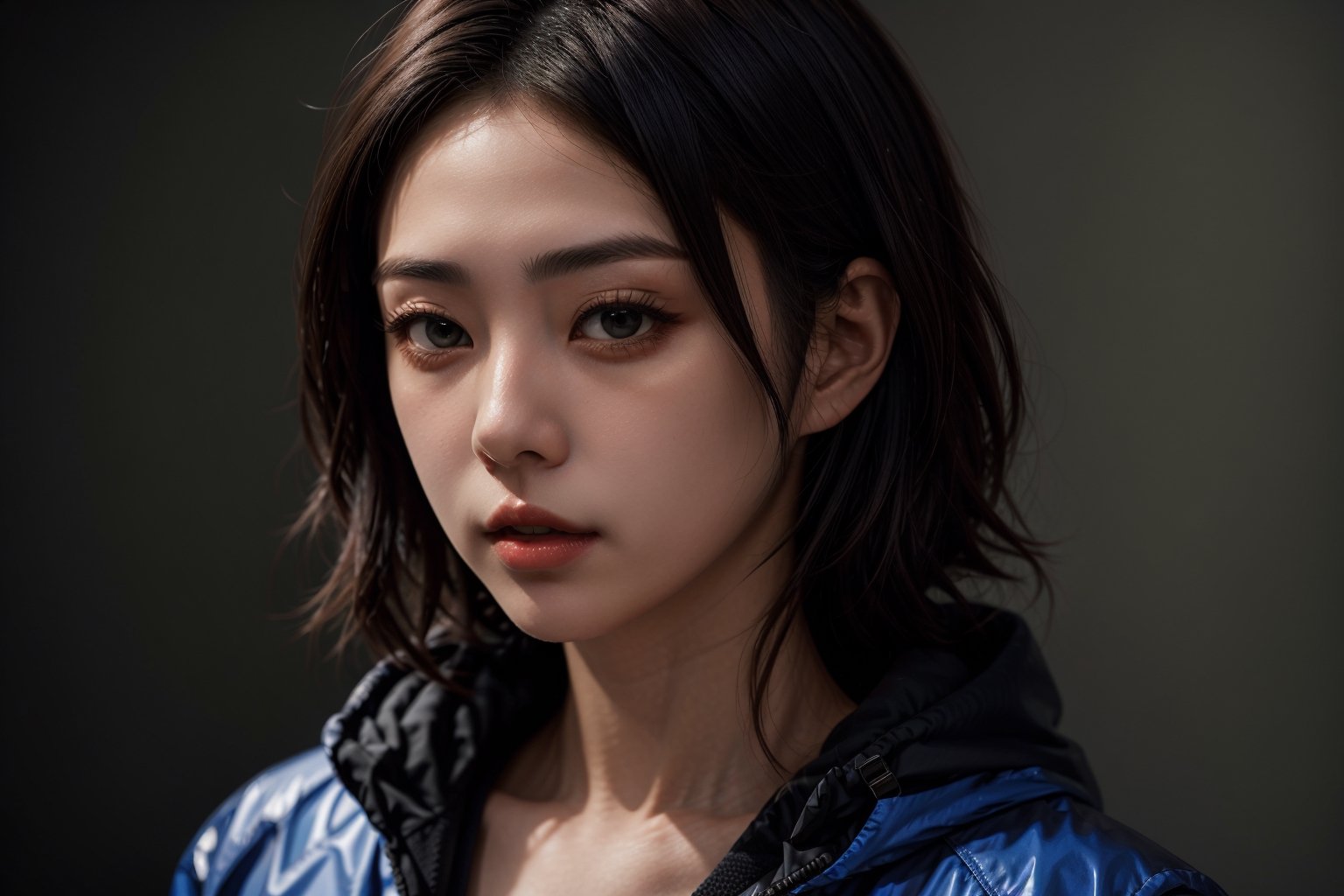 large superimposed Japanese characters ::2 close-up portrait of a beautiful woman with short blue hair, wearing a plastic Nike jacket, in cyberpunk style, with a dark gray background style raw,Masterpiece,1gir1