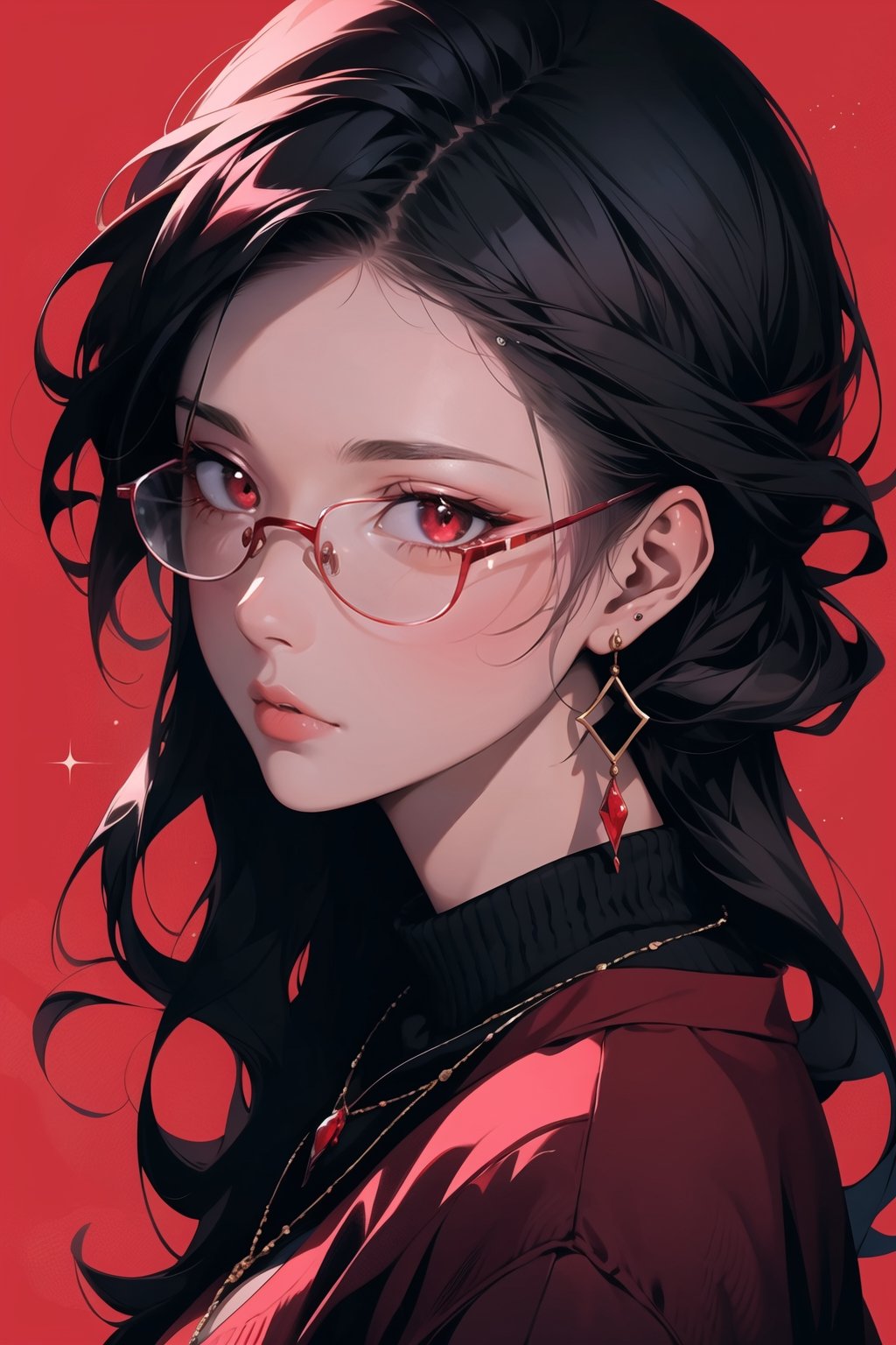 1girl, solo, long hair,oil painting, impasto, looking at viewer, black hair, jewelry,sweater,red eyes,close,earrings, lips,brown skin, necklace,hunter eyes,sharp eyes,glitter,shiny,flirty gaze,lips,red background,circlet,(red glasses,red contrast),masterpiece,beautyniji,nijistyle,niji