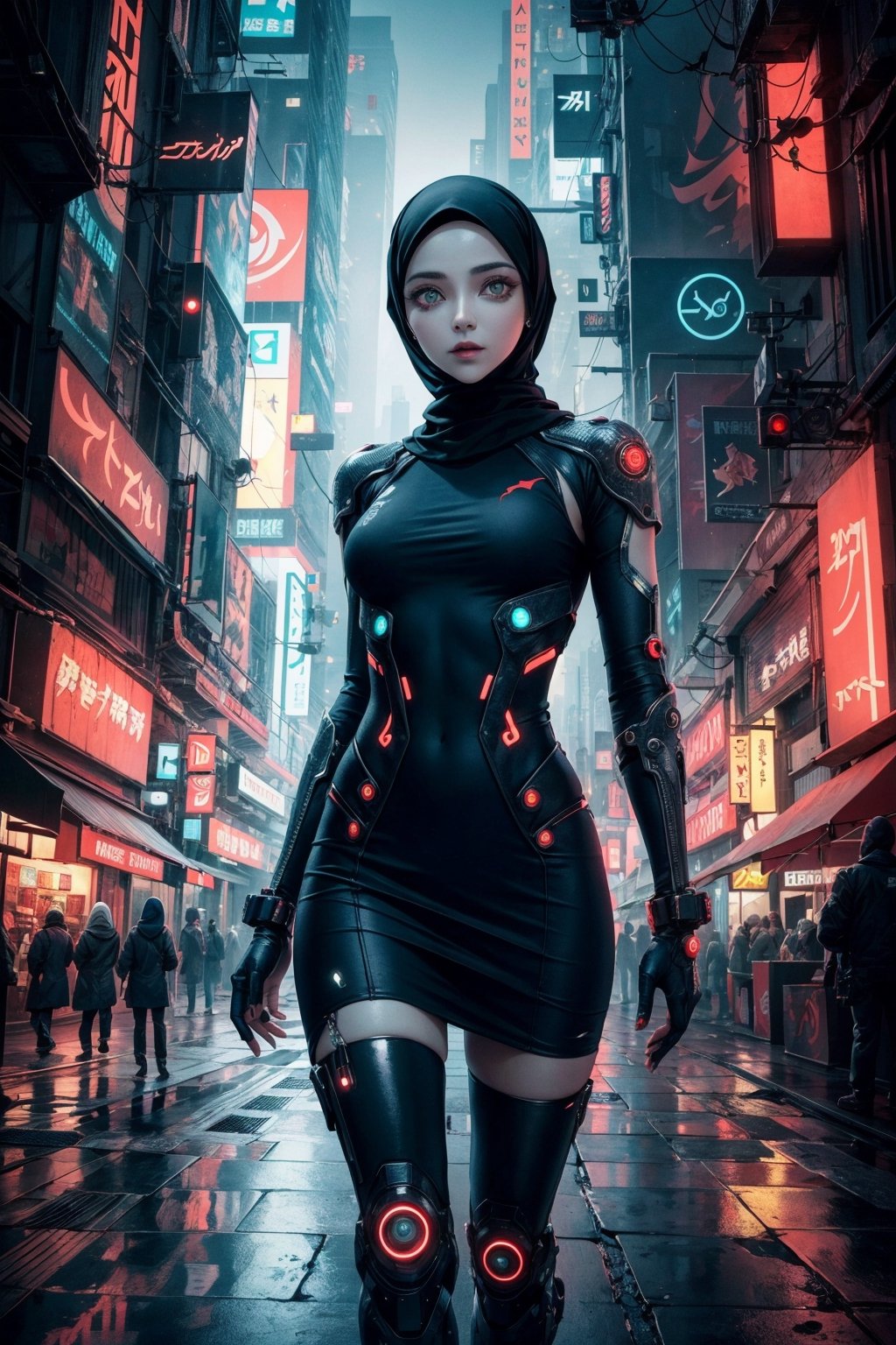 beautiful girl,wearing hijab,futuristic,cyberpunk,from future,action,elegance,beauty,glowing eyes,lights