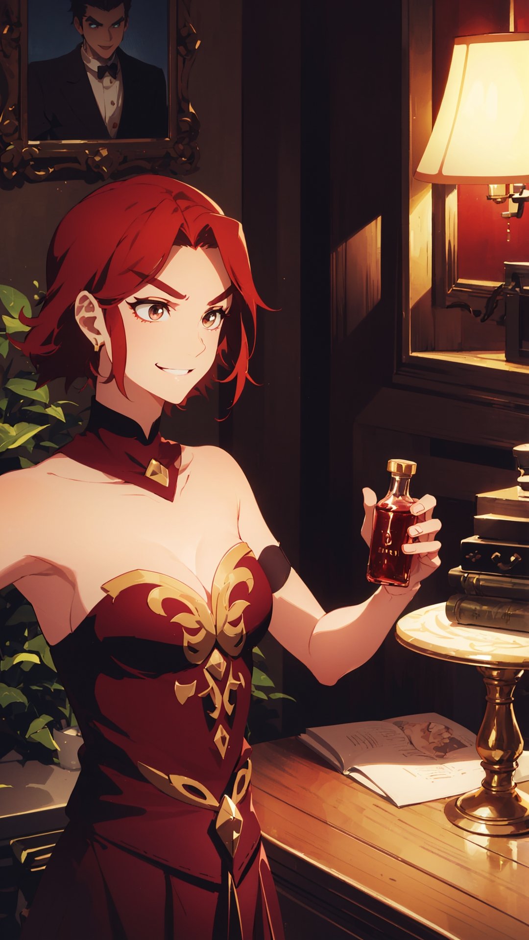 Line(dota 2),short hair, perfect anatomy, girl, random pose, random angle, cabin room, lamp, beautiful glass bottle with red liquid on the desk, embroidery, ((Long dress: 1.4 )), Beautiful girl, Petite girl, Finest, Masterpiece, (Reality 1.2)), (Dark eyes), Bangs, Beautiful girl with attention to detail , Beautiful girl with beautiful delicate eyes, detailed face, beautiful eyes, shining beautiful body, 8K image, ((portrait: 1.2)), ((firm V-shaped eyebrows: 1.2)), (( Smile:1.1))