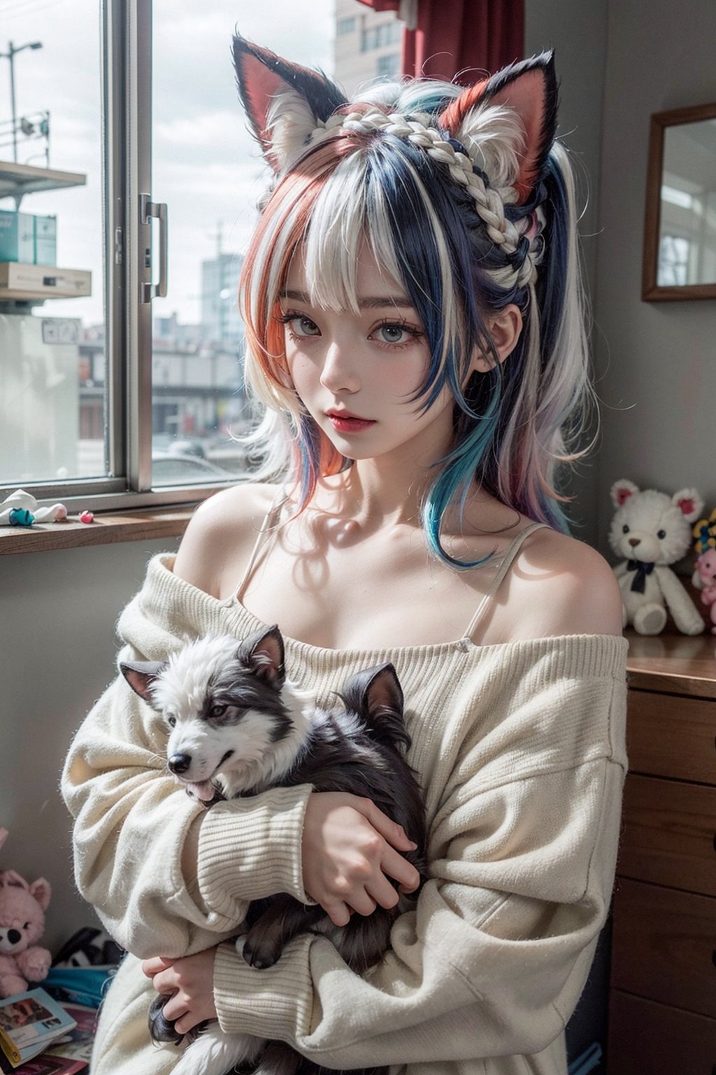 (best quality, masterpiece), 1girl, off shoulder,(multicolored hair:1.3), clutter girl's lovely room, hugging stuffed animal, fluffy hoodie with animal ears,