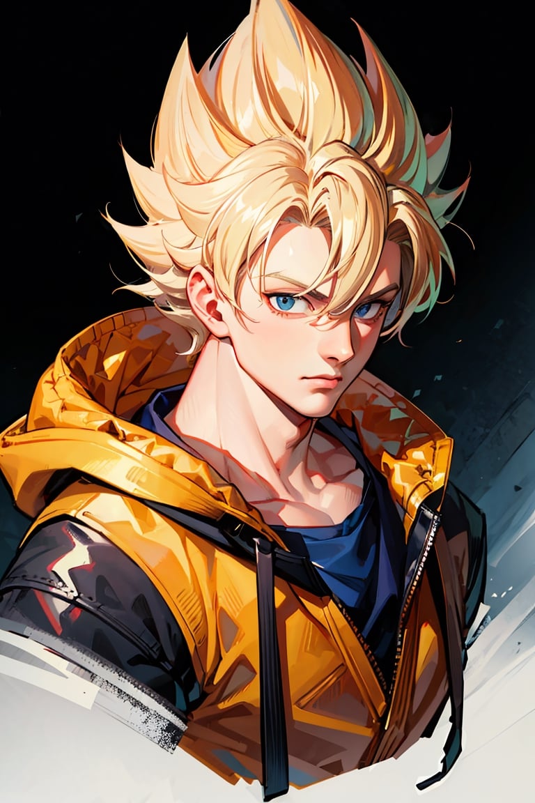 detailed portrait, 1boy, highly detailed clothes, wearing neon coat with hood, beautiful face, robotic, super saiyen, blond hair, brush strokes, 12k, beautiful outfit, wlop, high definition, cinematic, behance contest winner, portrait featured on unsplash, stylized digital art, smooth,raidenshogundef,son goku