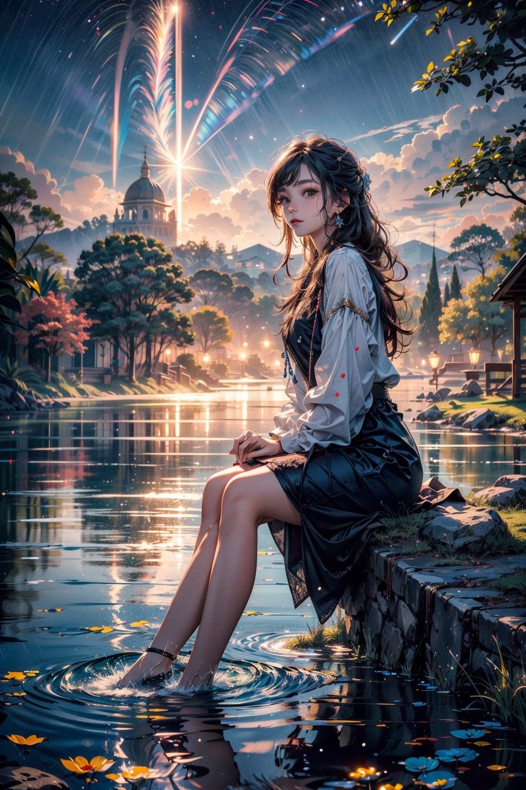 a girl, in frame, beautiful face, sitting beside a lake,full body,splashing water with one hand,grass,blue water,water particles makes a rainbow shower,detailed,masterpiece,ultra detailed