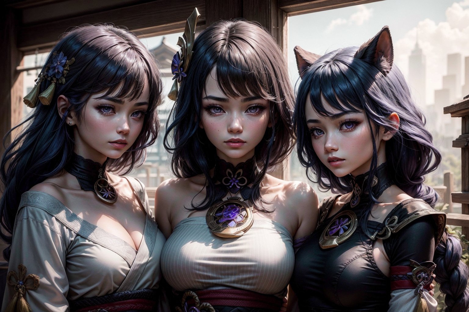 3girls,Highly detailed, High Quality, Masterpiece, beautiful, ,BREAK yae miko, pink eyes, long hair, pink hair, animal ears, , BREAK Raiden_Shogun_\(genshin impact\), Raiden_Shogun:1.2, blue hair, long hair, ,BREAK, kujou_sara\(Genshin Impact\), kujou sara, mask, bangs, mask on head, black hair, blue hair, yellow eyes, short hair,yaemikodef,kujousaradef,raidenshogundef