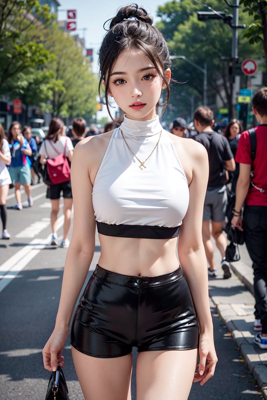 ultra detailed, very cute girl,wearing cropped tops,latex shorts,elegent