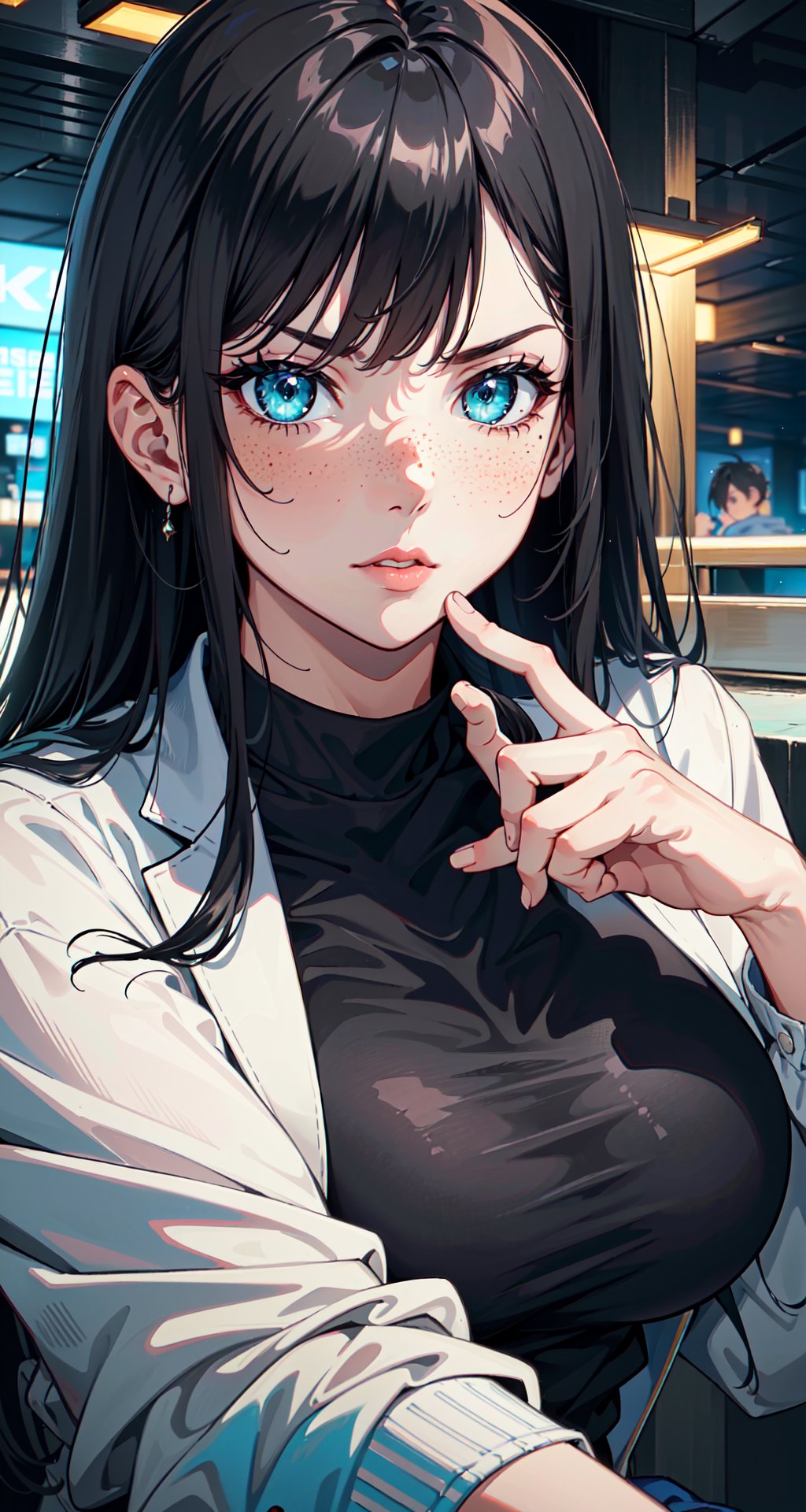 (4k), (masterpiece), (best quality), (extremely complex), (realistic), (sharp focus), (cinematic lighting), (extremely detailed), (epic), A close-up portrait of a chubby woman, serious look, deep look, incredibly detailed hand, long black hair, bangs, mint green eyes, freckles on face, white shirt with jacket on top, black jeans, curvy body, full body, detailed face, perfect eyes, detailed hands, mix of fantasy and realism. elements, vibrant manga, uhd image, vibrant illustrations, the background is a galaxy