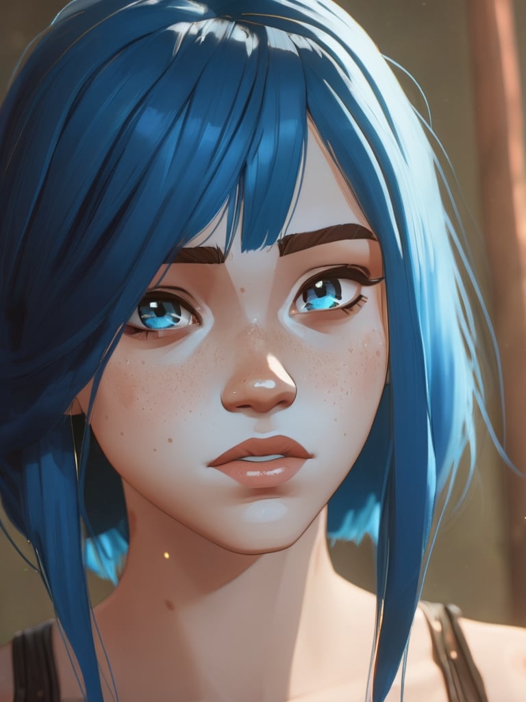 beautiful age 18 girl, arcane, blue hair, freckles, sexy, beautiful,  dslr, 8k, 4k, natural skin, textured skin,