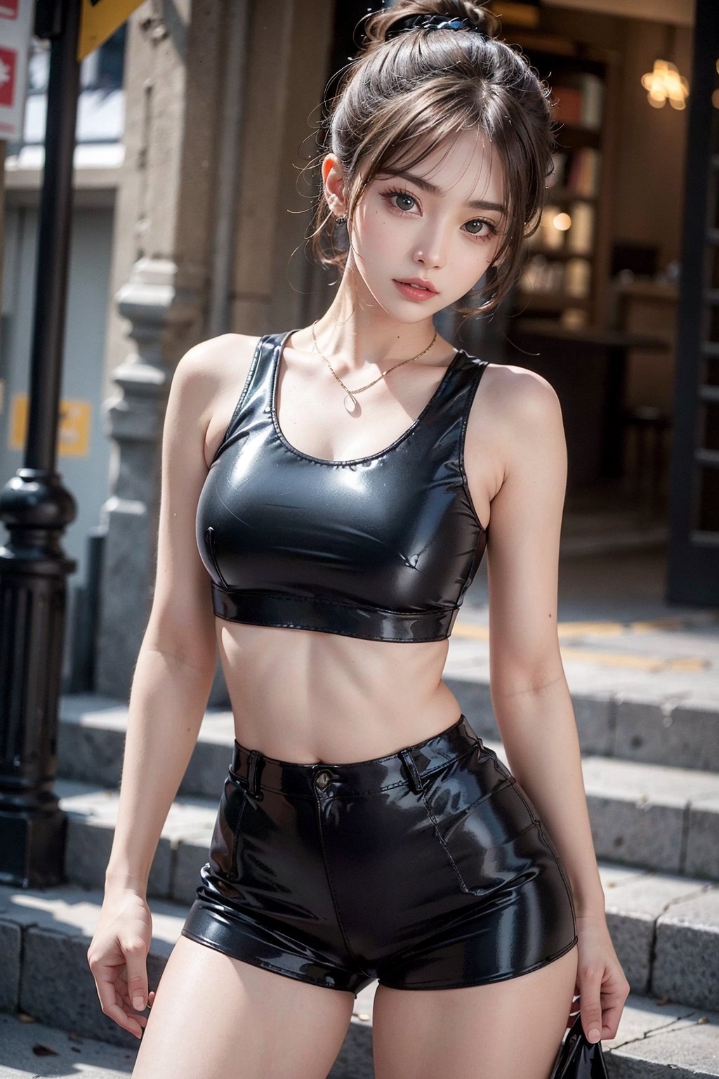 ultra detailed, very cute girl,wearing cropped tops,tight latex mini shorts,elegent,leaning