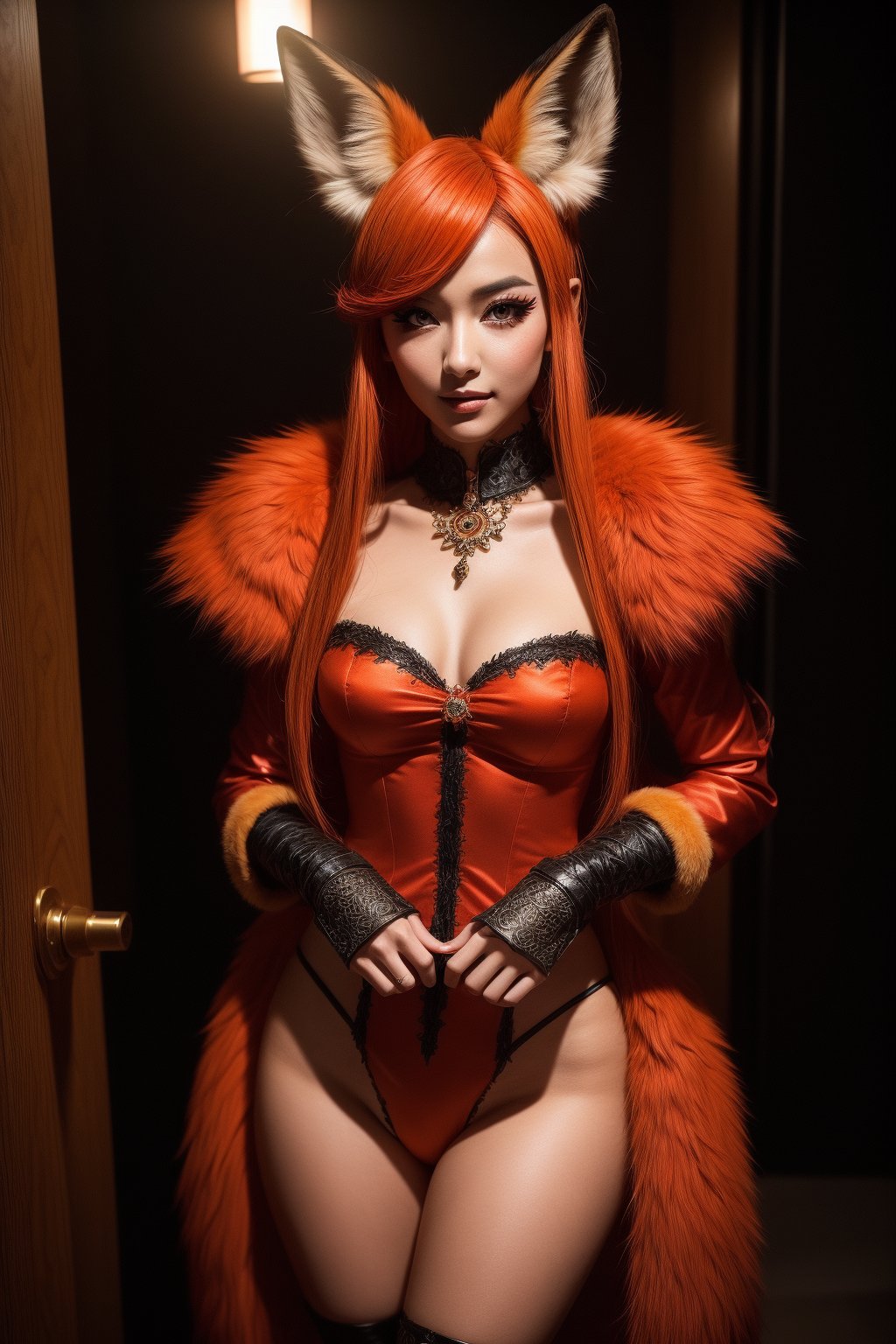 a beautiful women, doing cosplay of a fox, nine tail fox, orange fur, red eyeliner,

