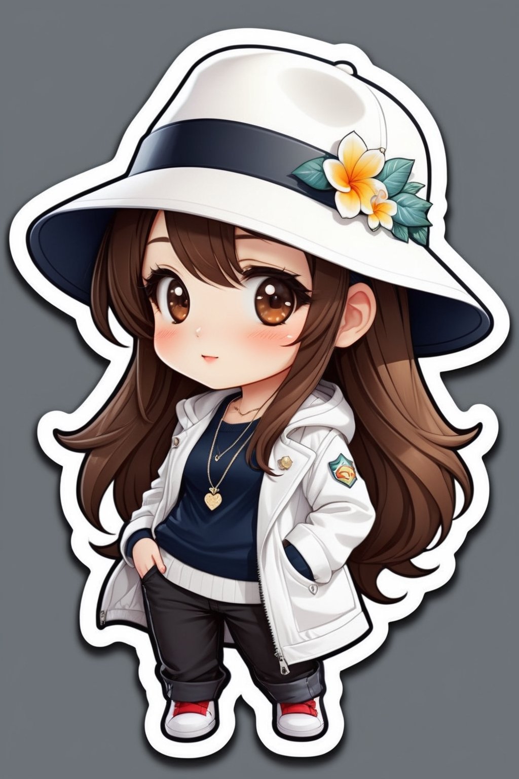 high quality, cute stickers, style cartoon, cute Super Deformed Character, white border, colorful, Detailed illustration of a woman wearing a Helen Kaminski hat with her hands in her pockets, by yukisakura, awesome full color