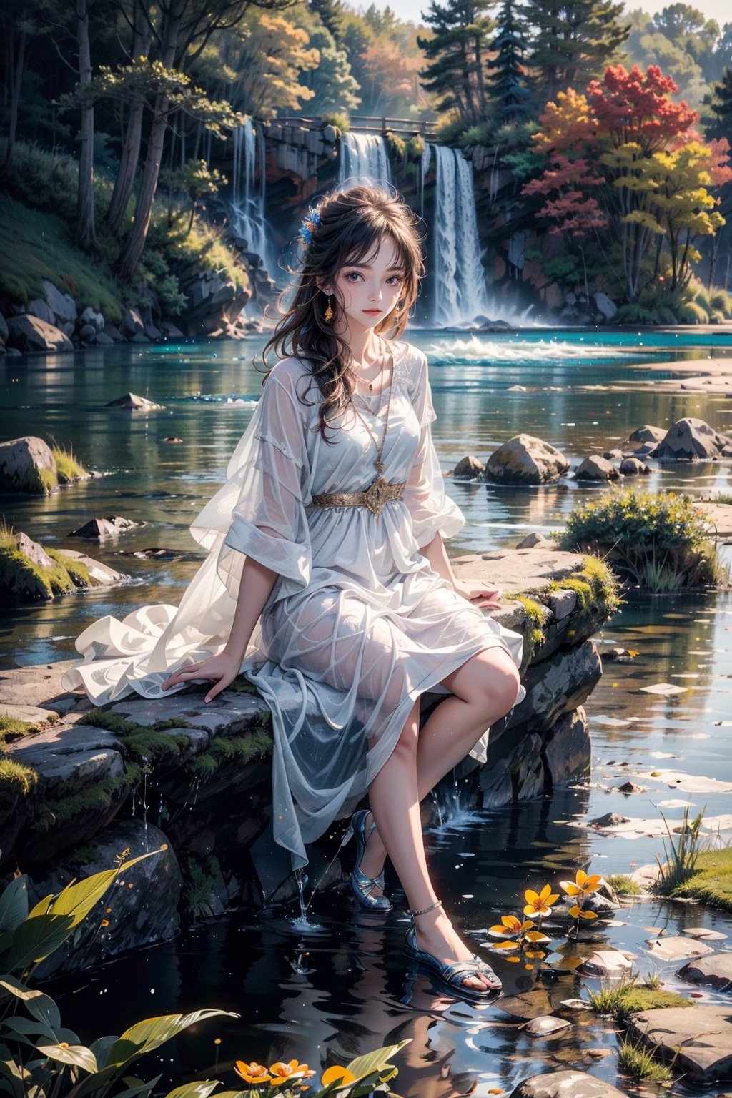 a girl, in frame, beautiful face, sitting beside a lake,full body,splashing water with one hand,grass,blue water,water particles makes a rainbow shower,detailed,masterpiece,ultra detailed