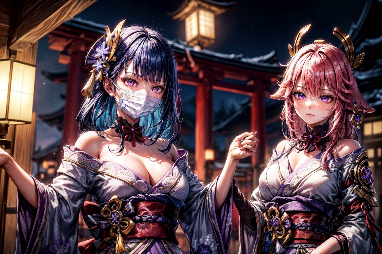 3girls,Highly detailed, High Quality, Masterpiece, beautiful, ,1girl(yae miko, pink eyes, long hair, pink hair, animal ears),1girl(Raiden_Shogun_\(genshin impact\), Raiden_Shogun:1.2, blue hair, long hair, 1girl(kujou_sara\(Genshin Impact\), kujou sara, mask, bangs, mask on head, black hair, blue hair, yellow eyes, short hair),3girls,yaemikodef,kujousaradef,raidenshogundef