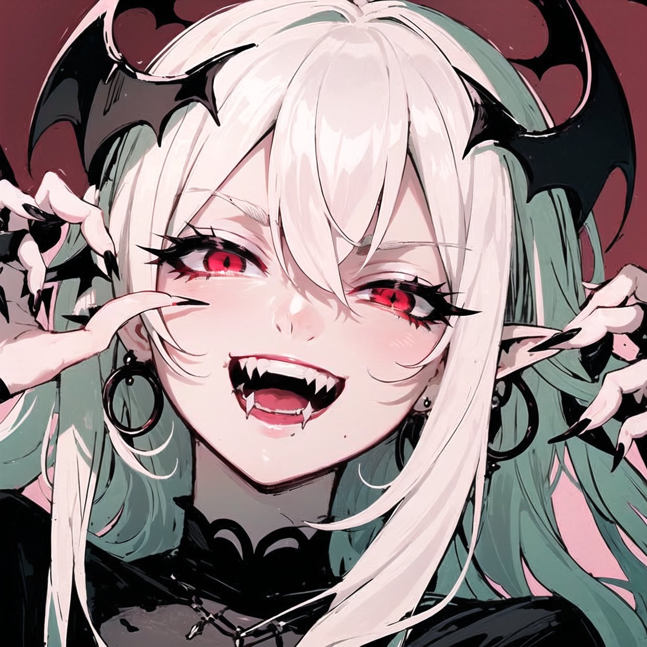 close up portrait of a vampire girl,detailed black crown on her head,white hair flowning,red background,showing her vampire fangs while smiling,sharp nails,big crown,fangs,red eyes,evil look,evil gaze.black earings,black rings,evil laugh,smile