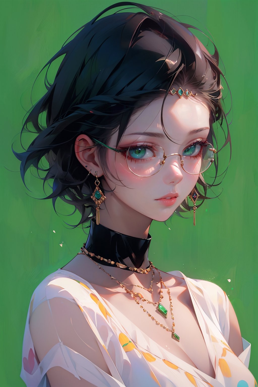 1girl, solo, long hair,oil painting, impasto, looking at viewer, black hair, jewelry, green eyes, short hair,bob cut, earrings, lips, brown skin, necklace, lips,green background,circlet,green glasses,masterpiece,beautyniji,nijistyle,niji