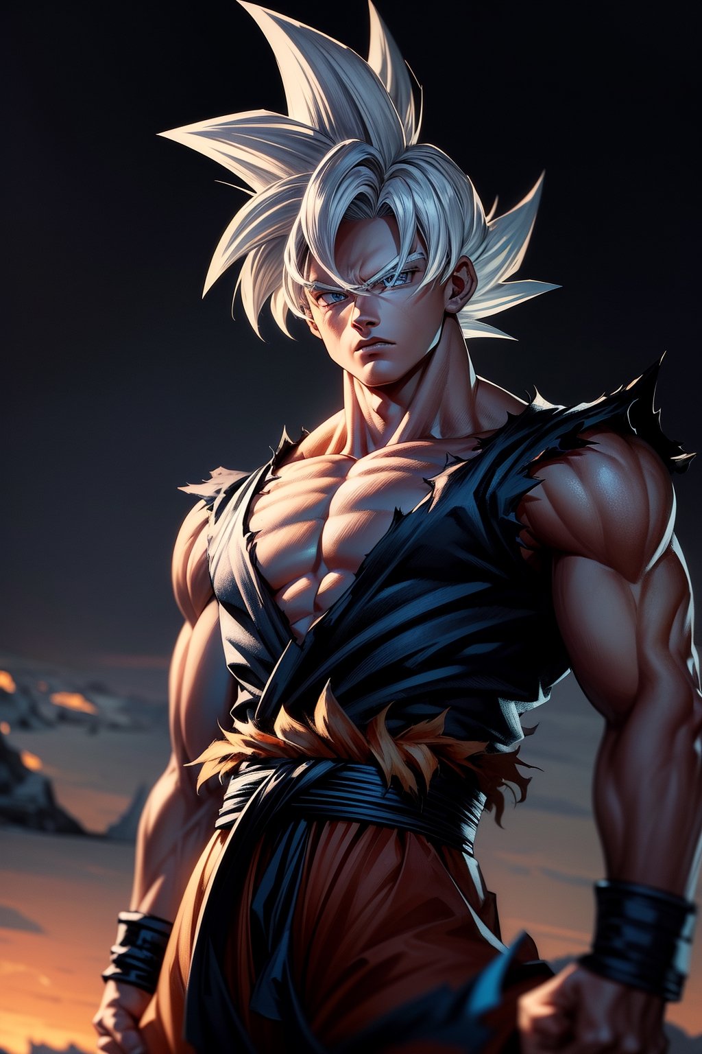 masterpiece, high quality, detailed lighting, son goku, (solo), 1boy, battle damage, (best quality), muscular, blue sky, blurry, blurry background, glacier, male focus, sky, solo, ultra instinct, white hair, torn clothes, (good hands), (masterpiece), anatomy, , son goku,son goku