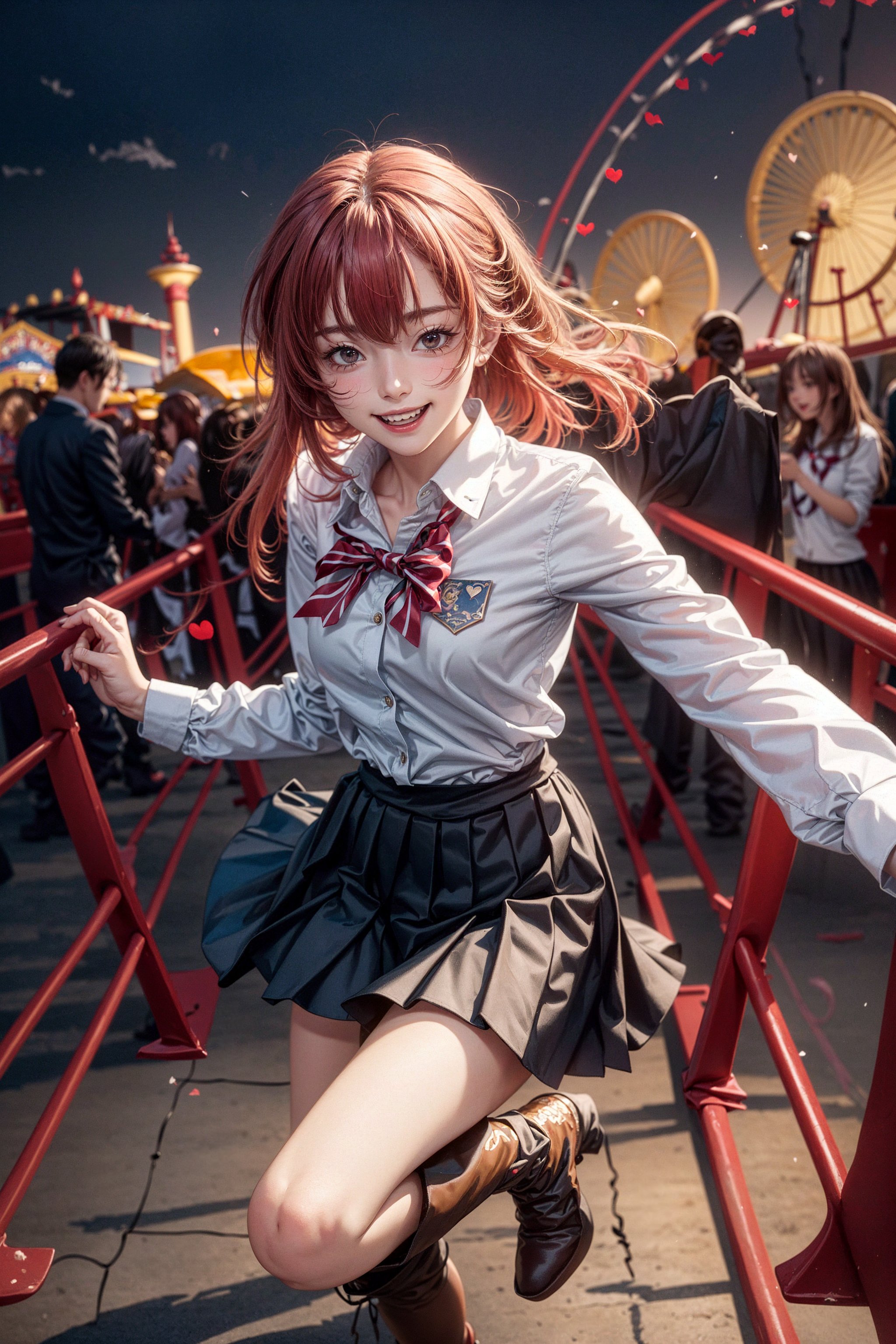 oft lighting, scenic background, carnival, roller coasters, gekkoukan high school uniform, white button up shirt, black pleated skirt, boots, red hair over on eye, excited happy expression, hearts