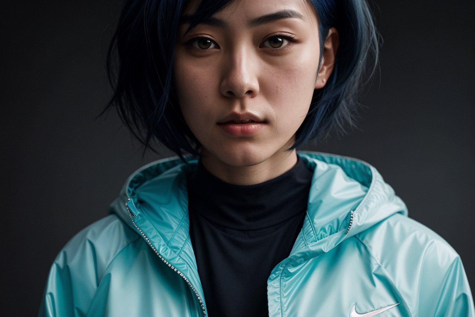 large superimposed Japanese characters ::2 close-up portrait of a beautiful woman with short blue hair, wearing a plastic Nike jacket, in cyberpunk style, with a dark gray background style raw,Masterpiece