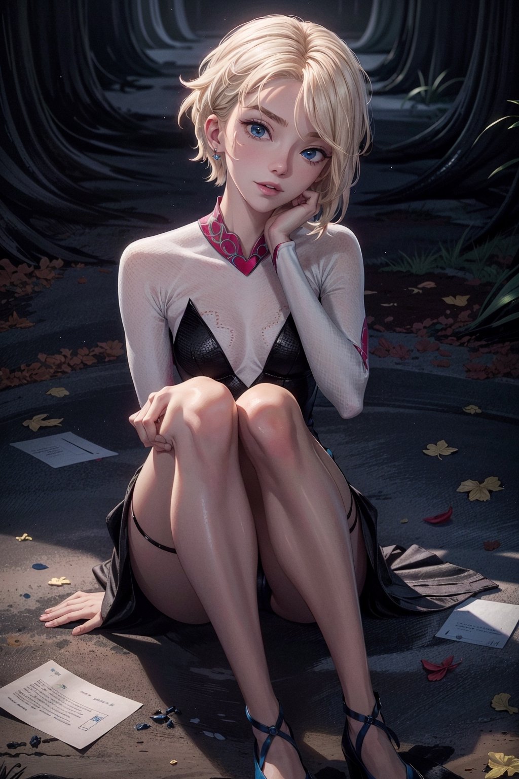 1girl , solo, Gwen Stacy, blonde hair, short hair, undercut, animefiction, asymmetrical hair, blue eyes, masterpiece, absurdres, best quality ,intricate details, sitting , happy,,shenhe(genshin impact),gwen stacy