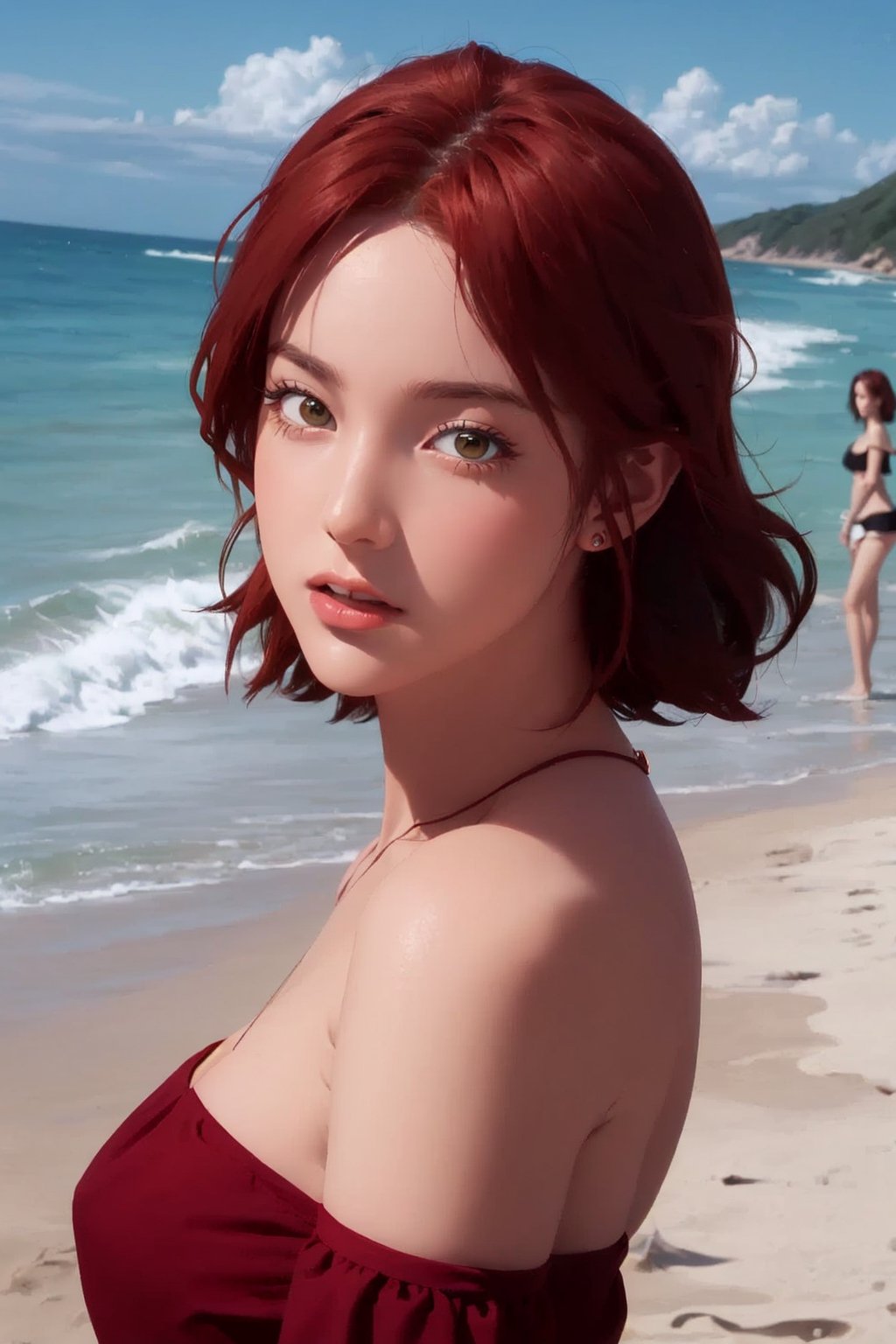 1girl, looking at viewer, at a beach, masterpiece, (bardot tops:1.2), summertime clothing, beautiful, best quality, highly detailed,red hair
