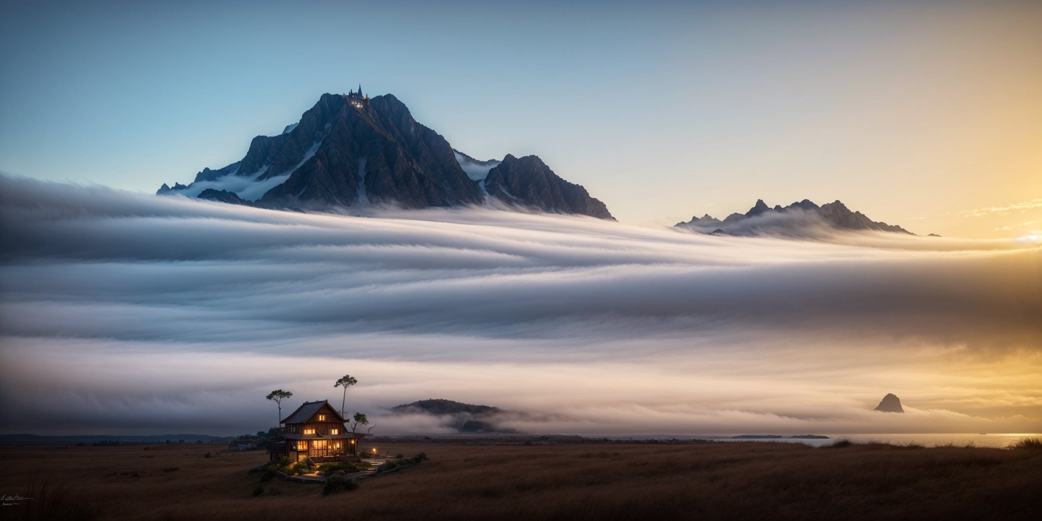 realistic dragon ball kami house in distance,sea iwth mountains on side,clouds makes a dragon,daytime,dragon ball anime,ai art