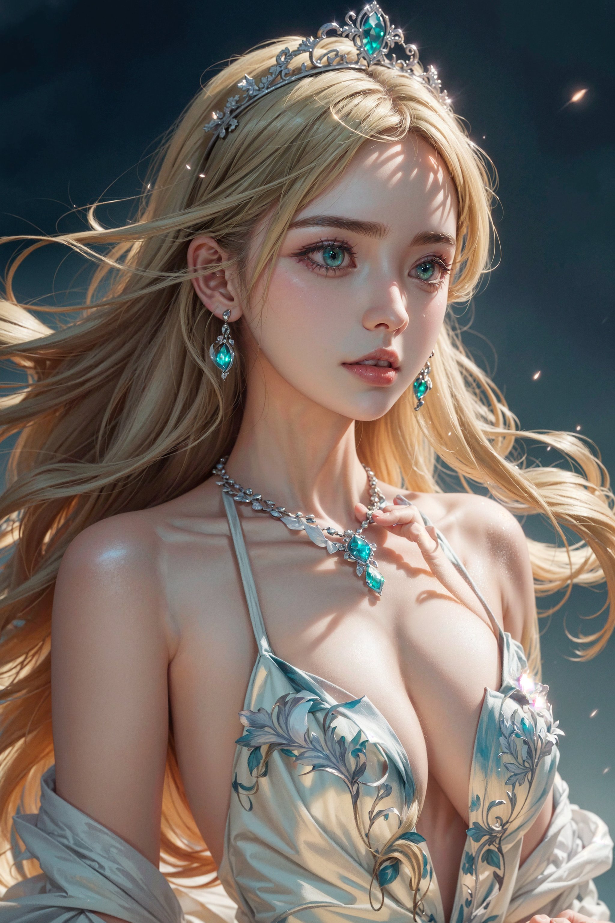 masterpiece, best quality, illustration, full body image, ornate and elaborate dress, platinum earrings, tiara, platinum necklace, white dress, 1girl, cute, (dynamic lighting:1.2), cinematic lighting, delicate facial features, detailed eyes, green eyes, long blonde hair, sharp pupils, realistic pupils, depth of field, bokeh, sharp focus, (hyper-detailed, bloom, glow:1.4), blonde hair, full lips, bright green eyes
