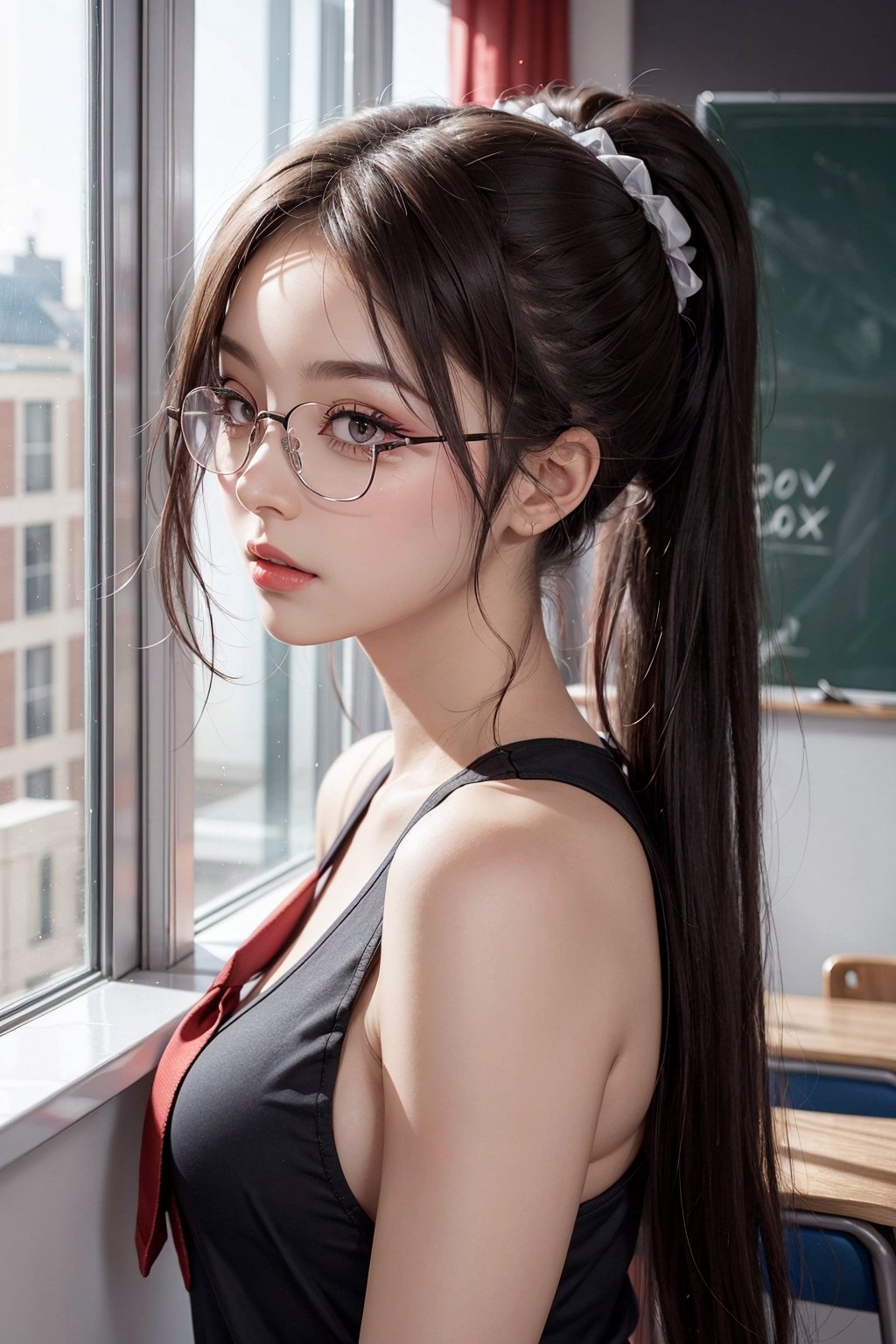 sexy school teacher,glasses,beautiful,tied hair,long_ponytail,makeup,eye-liner,blush,eyeshadow