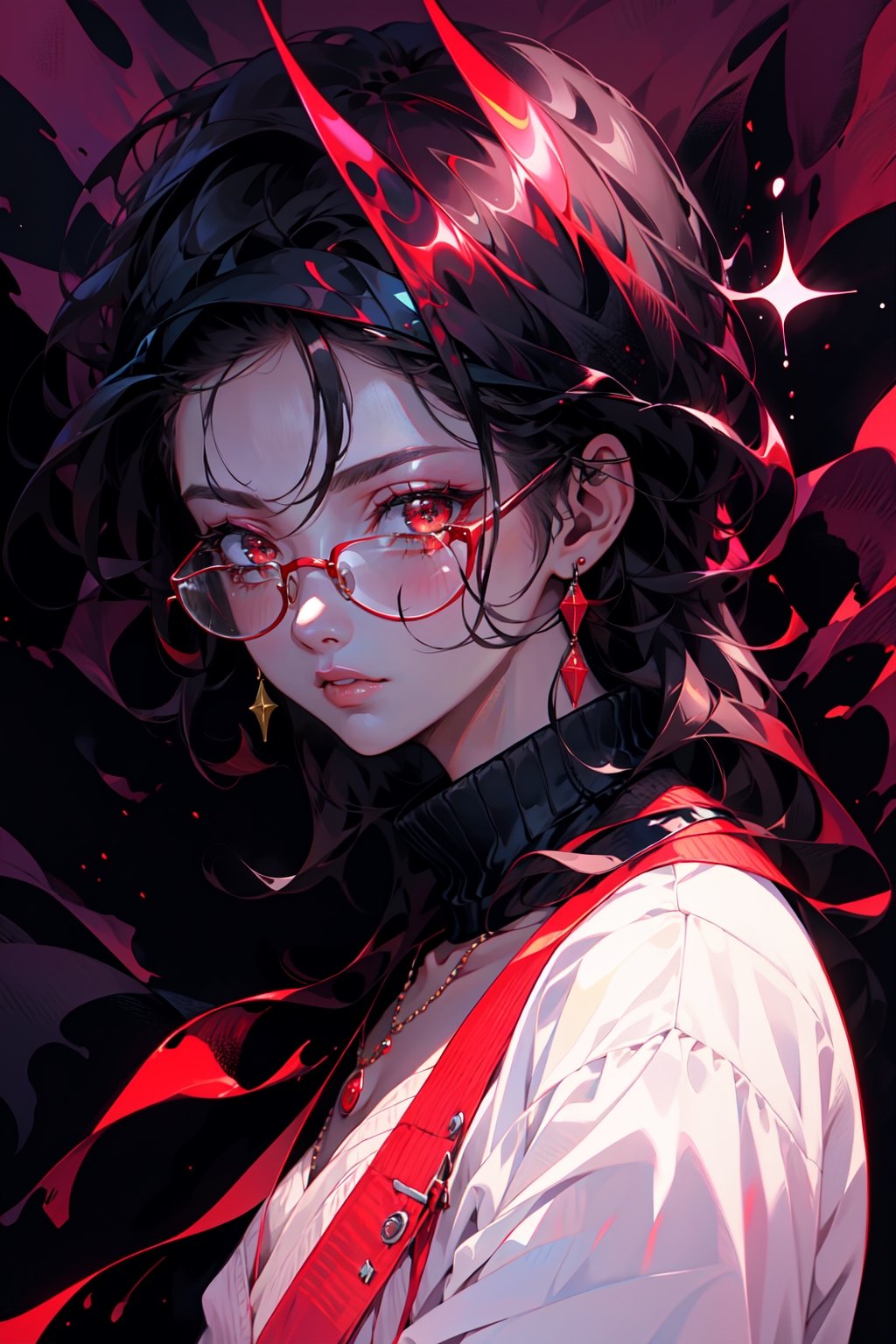 1girl, solo, long hair,oil painting, impasto, looking at viewer, black hair, jewelry,sweater,red eyes,close,earrings, lips,brown skin, necklace,hunter eyes,sharp eyes,glitter,shiny,flirty gaze,lips,red background,circlet,(red glasses,red contrast),masterpiece,beautyniji,nijistyle,niji