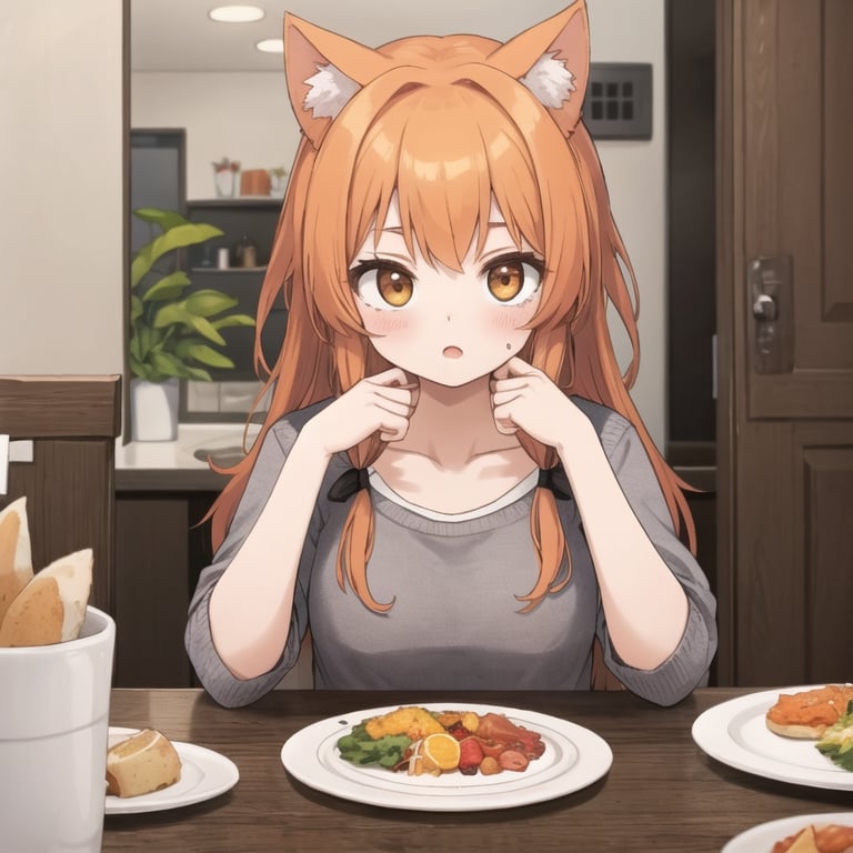 1girl holding a turkey in a plate, cozy dinner room, catgirl, orange hair,(-_-:1.4)