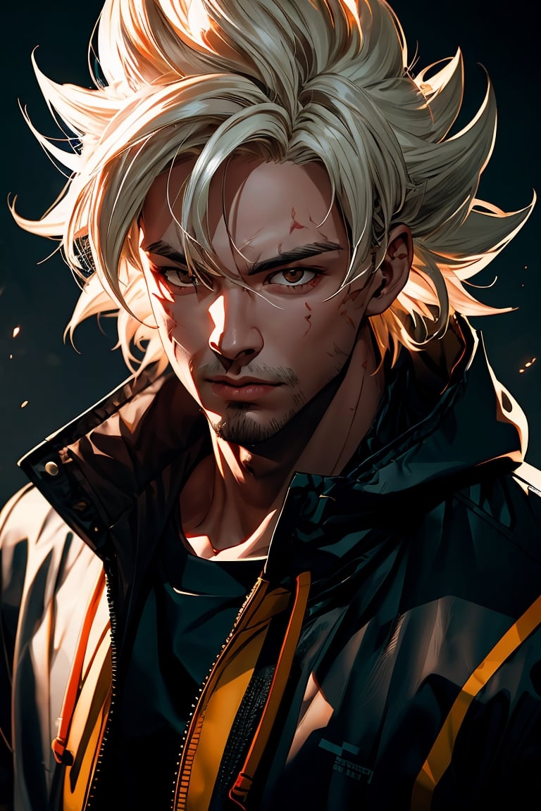 detailed portrait, ultra realistic, 1boy, highly detailed clothes, wearing neon coat with hood, beautiful face, robotic, super saiyen, blond hair, brush strokes, 12k, beautiful outfit, wlop, high definition, cinematic, behance contest winner, portrait featured on unsplash, stylized digital art, smooth,raidenshogundef,son goku