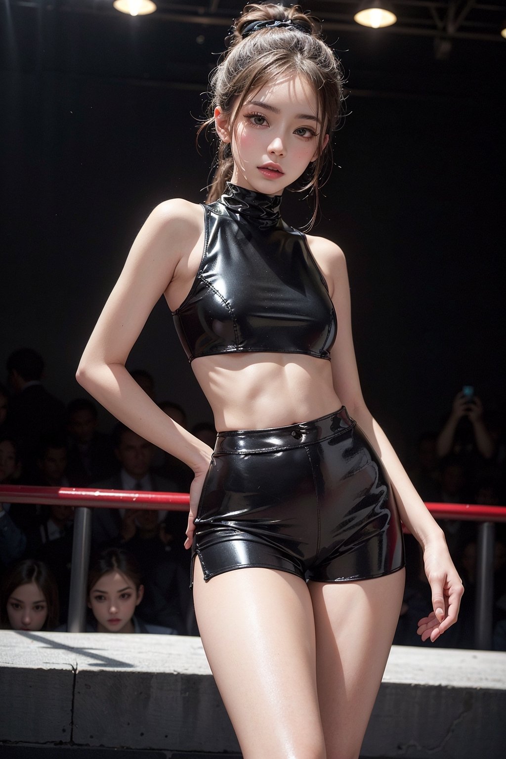 ultra detailed, very cute girl,wearing cropped tops,tight latex shorts,elegent