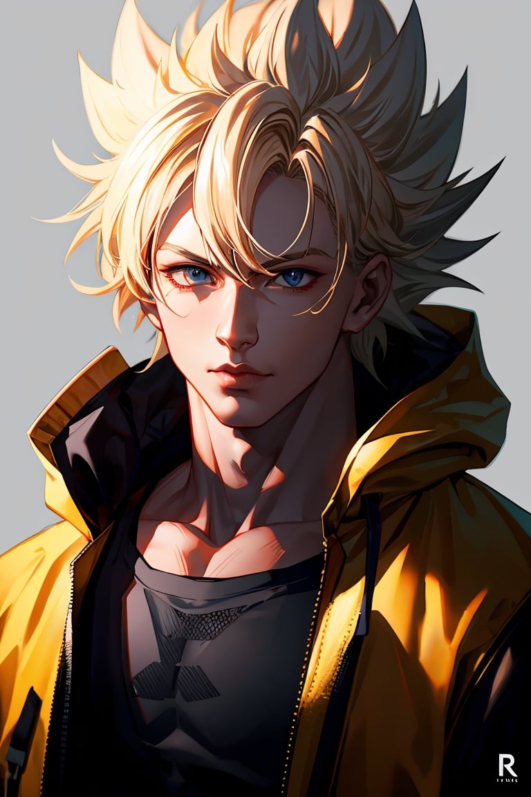 detailed portrait, ultra realistic, 1boy, highly detailed clothes, wearing neon coat with hood, beautiful face, robotic, super saiyen, blond hair, brush strokes, 12k, beautiful outfit, wlop, high definition, cinematic, behance contest winner, portrait featured on unsplash, stylized digital art, smooth,raidenshogundef,son goku