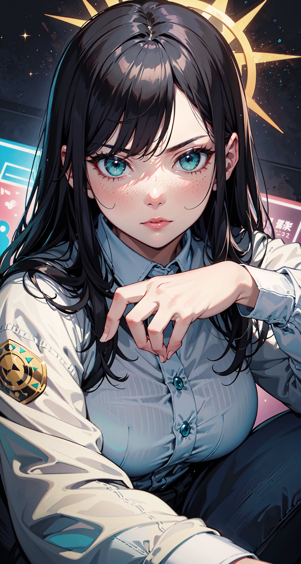 (4k), (masterpiece), (best quality), (extremely complex), (realistic), (sharp focus), (cinematic lighting), (extremely detailed), (epic), A close-up portrait of a chubby woman, serious look, deep look, incredibly detailed hand, long black hair, bangs, mint green eyes, freckles on face, white shirt with jacket on top, black jeans, curvy body, full body, detailed face, perfect eyes, detailed hands, mix of fantasy and realism. elements, vibrant manga, uhd image, vibrant illustrations, the background is a galaxy