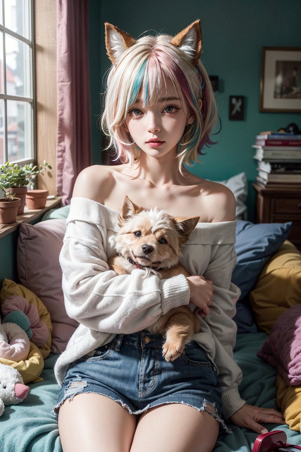 (best quality, masterpiece), 1girl, off shoulder,(multicolored hair:1.3), clutter girl's lovely room, hugging stuffed animal, fluffy hoodie with animal ears,