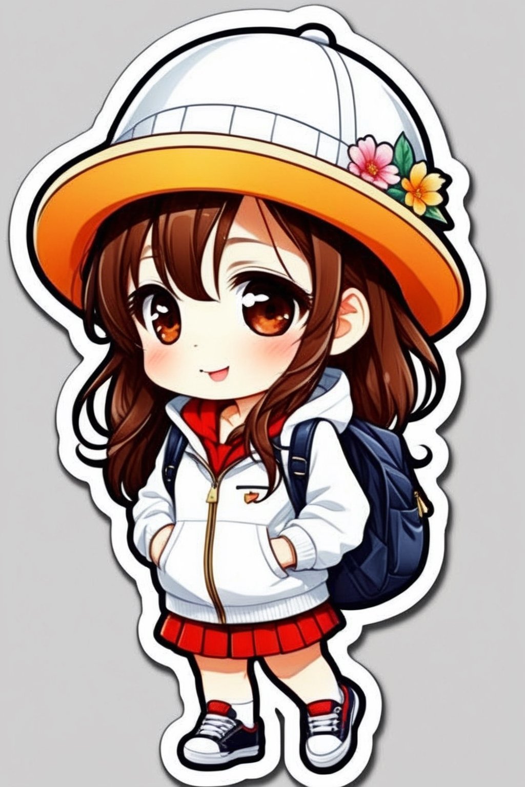 high quality, cute stickers, style cartoon, cute Super Deformed Character, white border, colorful, Detailed illustration of a woman wearing a Helen Kaminski hat with her hands in her pockets, by yukisakura, awesome full color,#Cartoon,#Anime
