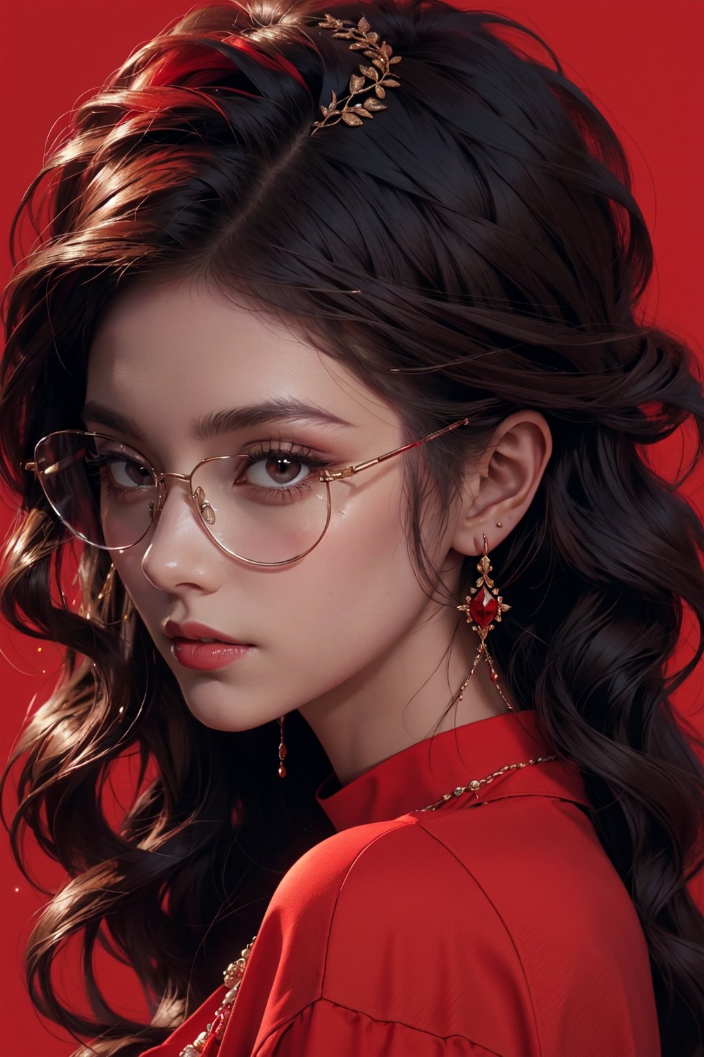 1girl, solo, long hair,oil painting, impasto, looking at viewer, black hair, jewelry,sweater,red eyes,close,earrings, lips,brown skin, necklace,hunter eyes,sharp eyes,glitter,shiny,flirty gaze,lips,red background,circlet,(red glasses,red contrast),masterpiece,beautyniji,nijistyle,niji