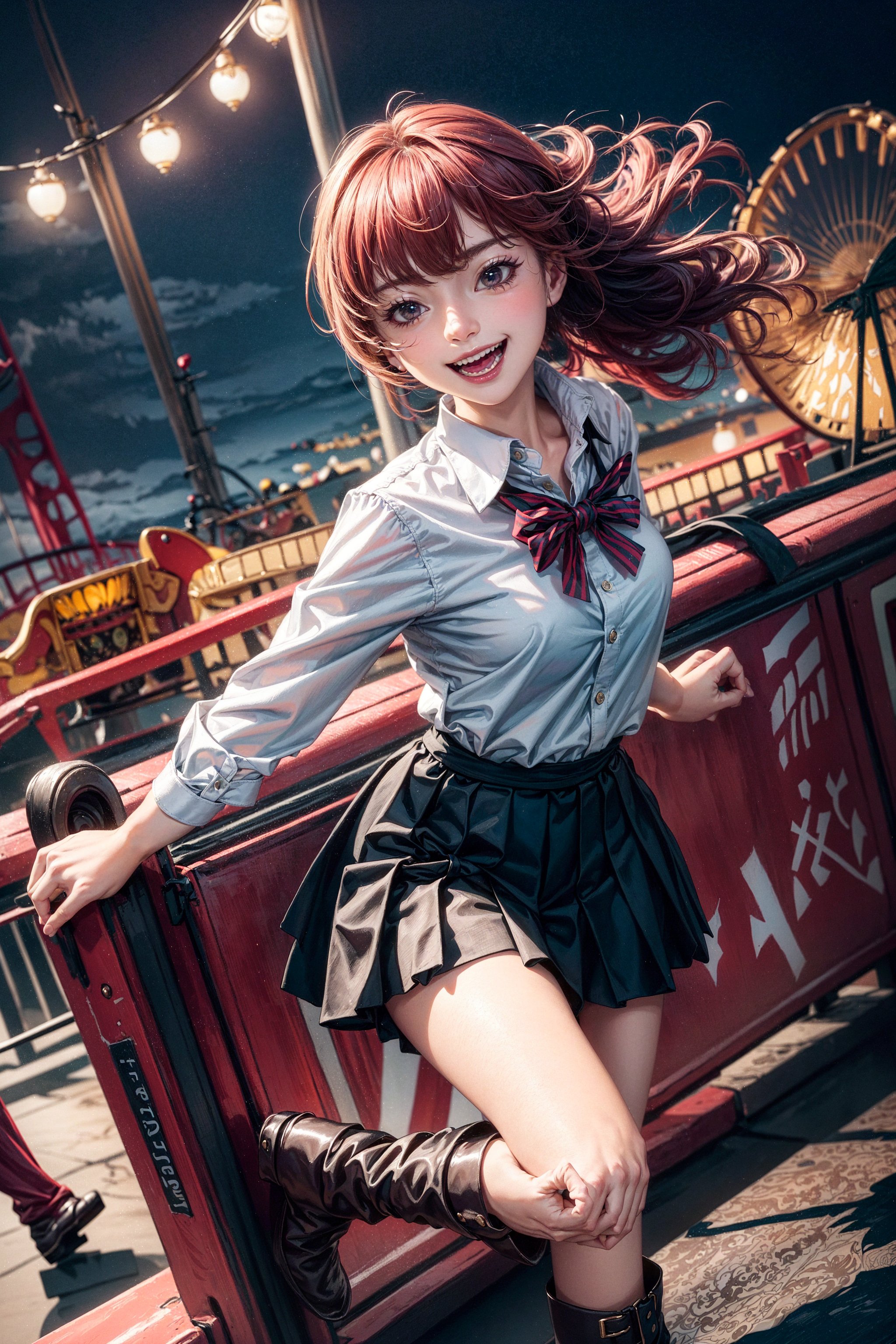 oft lighting, scenic background, carnival, roller coasters, gekkoukan high school uniform, white button up shirt, black pleated skirt, boots, red hair over on eye, excited happy expression, hearts