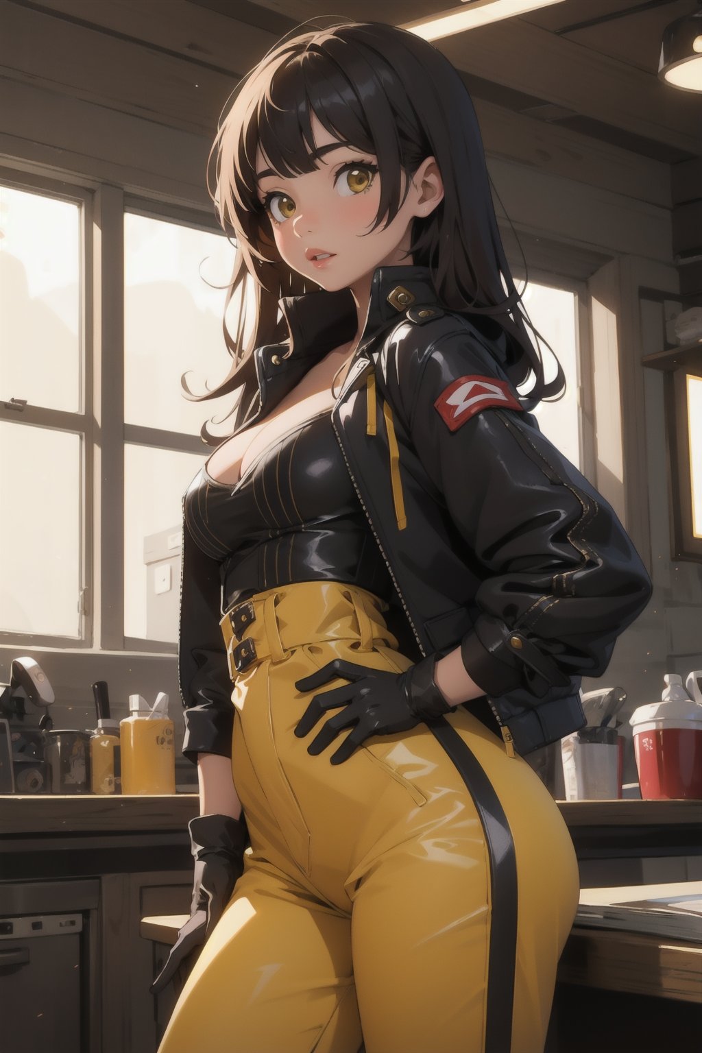 masterpiece,detailed,perfect lighting, 1girl wearing yellow outfit with black striped,bangs,gloves, jacket,sexy,beautiful girl,pretty