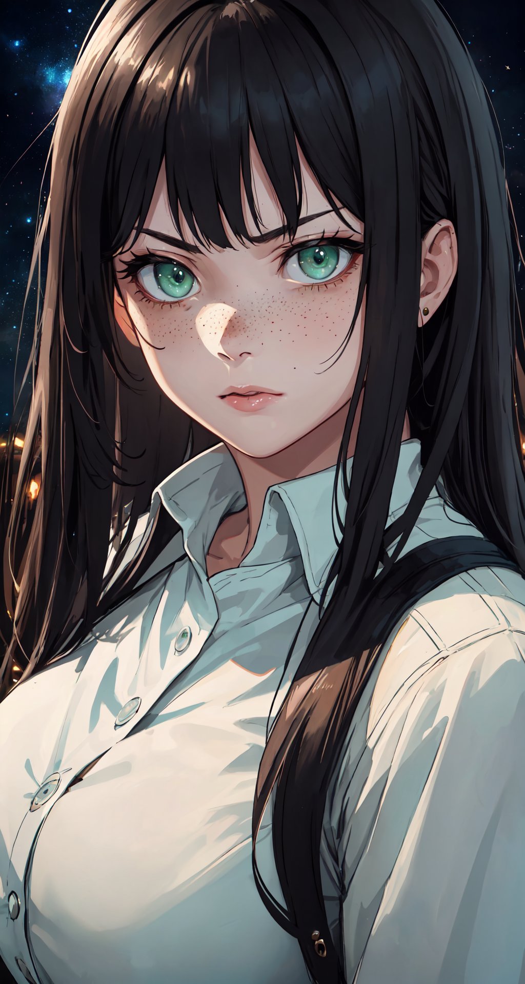 (4k), (masterpiece), (best quality), (extremely complex), (realistic), (sharp focus), (cinematic lighting), (extremely detailed), (epic), A close-up portrait of a chubby woman, serious look, deep look, incredibly detailed hand, long black hair, bangs, mint green eyes, freckles on face, white shirt with jacket on top, black jeans, curvy body, full body, detailed face, perfect eyes, detailed hands, mix of fantasy and realism. elements, vibrant manga, uhd image, vibrant illustrations, the background is a galaxy