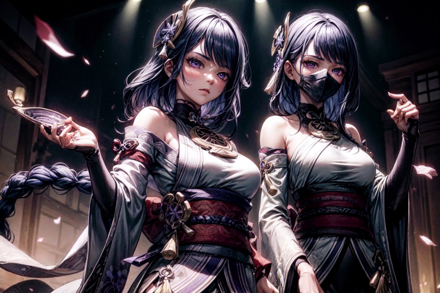 3girls,Highly detailed, High Quality, Masterpiece, beautiful, ,BREAK yae miko, pink eyes, long hair, pink hair, animal ears, , BREAK Raiden_Shogun_\(genshin impact\), Raiden_Shogun:1.2, blue hair, long hair, ,BREAK, kujou_sara\(Genshin Impact\), kujou sara, mask, bangs, mask on head, black hair, blue hair, yellow eyes, short hair,yaemikodef,kujousaradef,raidenshogundef