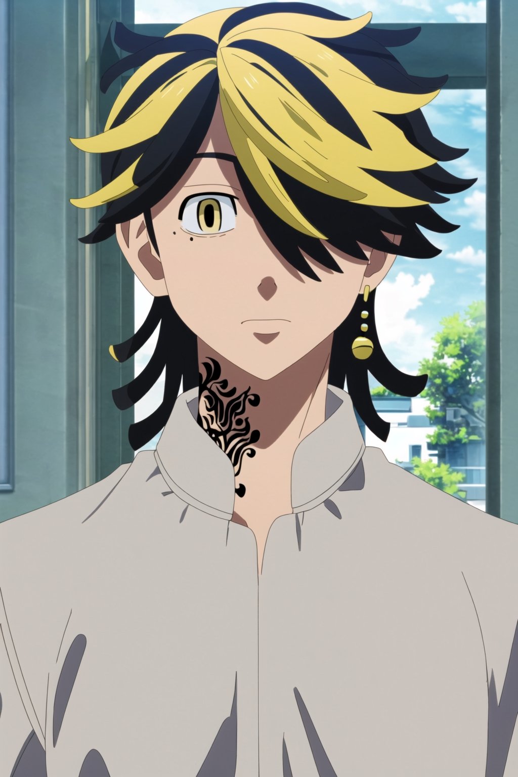 masterpiece, best quality, high quality, 1boy, solo, male focus, looking at viewer, upper body, , hanemiya_kazutora, blonde hair, black hair, yellow eyes, multicolored hair, 