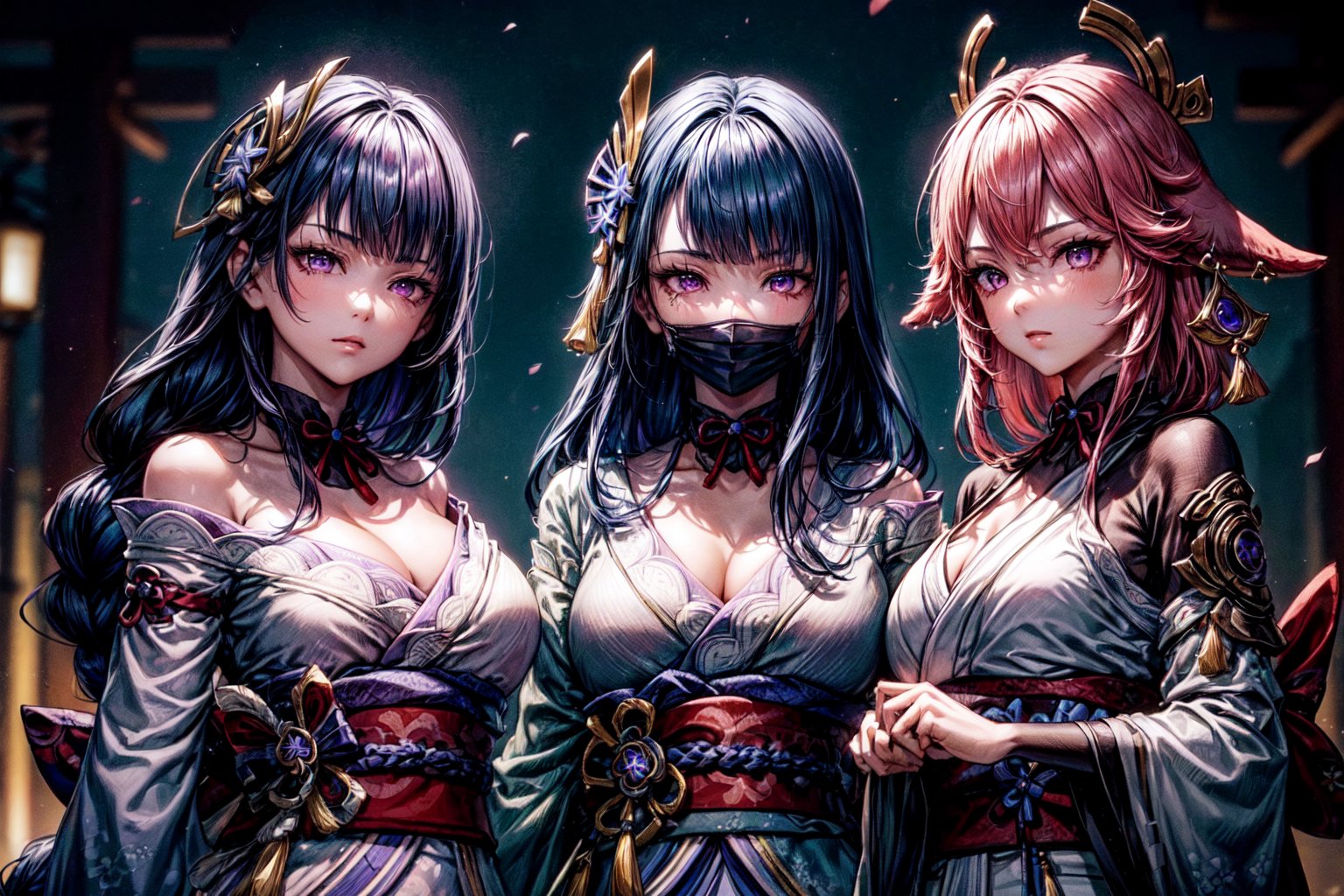 3girls,Highly detailed, High Quality, Masterpiece, beautiful, ,1girl(yae miko, pink eyes, long hair, pink hair, animal ears),1girl(Raiden_Shogun_\(genshin impact\), Raiden_Shogun:1.2, blue hair, long hair, 1girl(kujou_sara\(Genshin Impact\), kujou sara, mask, bangs, mask on head, black hair, blue hair, yellow eyes, short hair),3girls,yaemikodef,kujousaradef,raidenshogundef