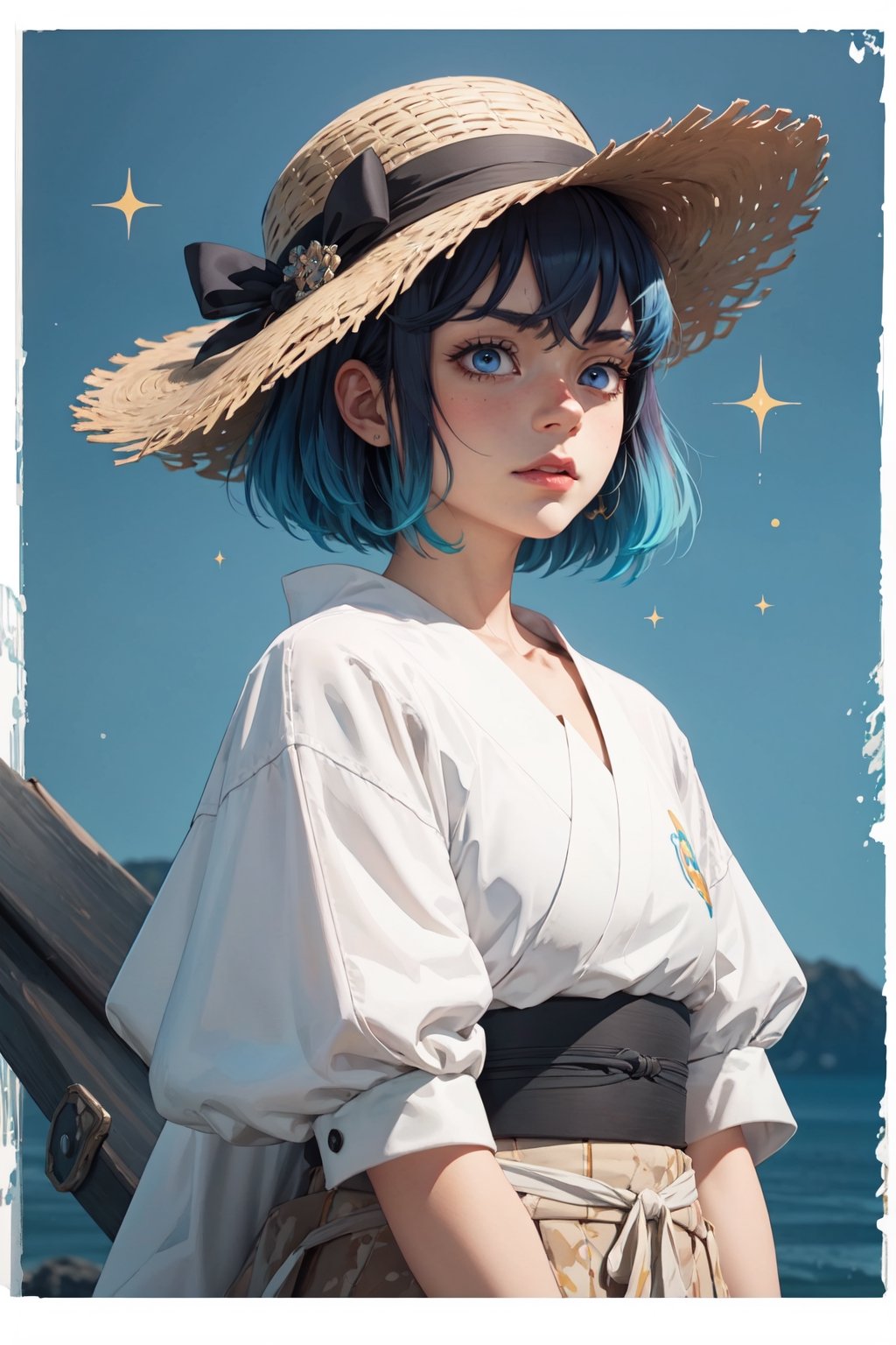 illustration art, front, modern fashion, epic Instagram, artstation, hyperdetailed, unreal engine, modern anime style, anime face, complementary colors, 8k, deviantart masterpiece, oil painting, heavy strokes, female, blue short hair, Inosuke Hashibira from demon slayer as a girl, furry white hat, twin blade,Anime ,glitter,shiny,watercolor,inosuke