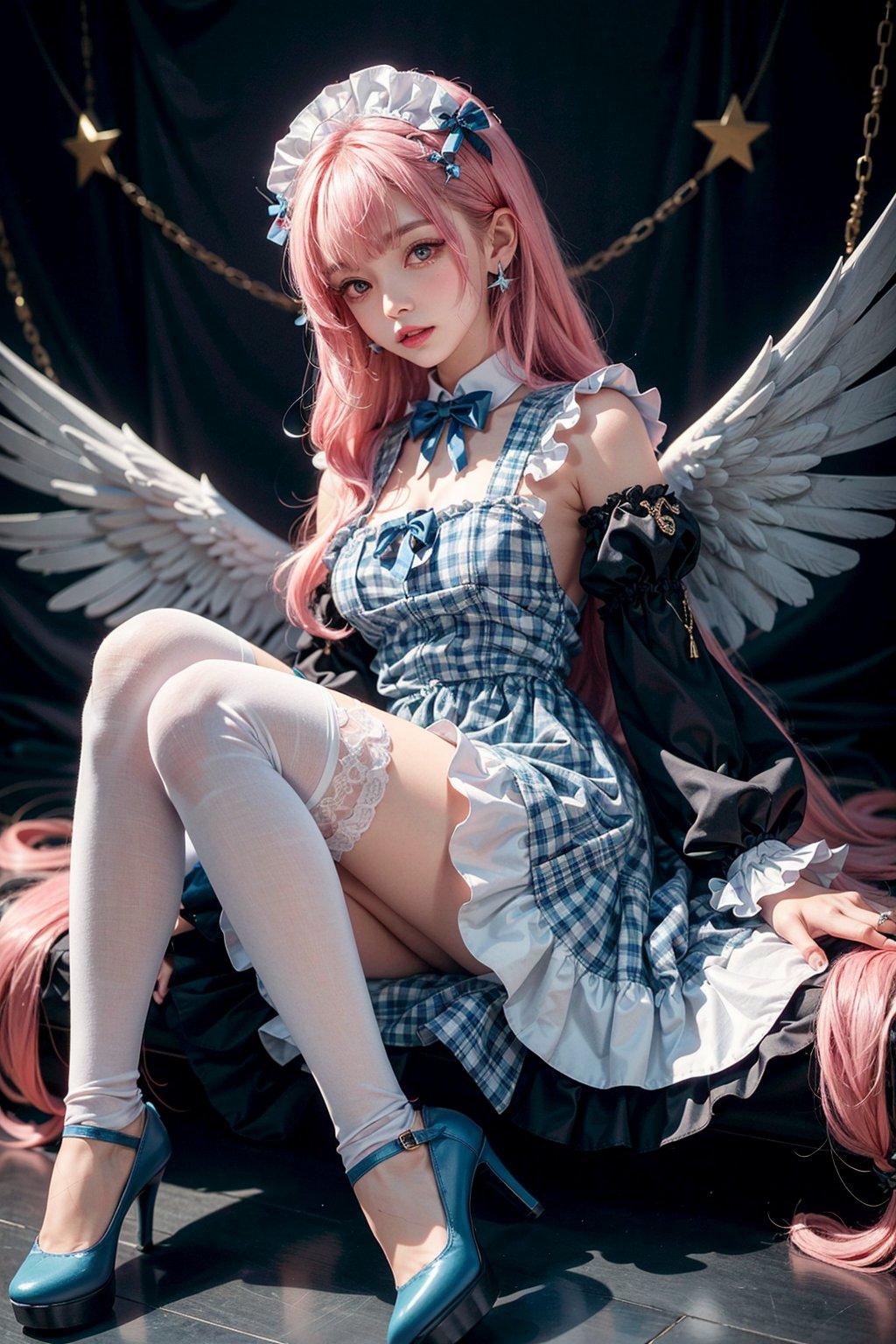 Havoc and Disorder, 1girl, solo, long hair, looking at viewer, blush, bangs, thighhighs, long sleeves, dress, bow, ribbon, jewelry, full body, pink hair, earrings, frills, parted lips, detached sleeves, wings, striped, pink eyes, star (symbol), nail polish, apron, plaid, maid headdress, blue dress, blue bow, frilled dress, striped thighhighs, angel wings, blue footwear, frilled thighhighs, plaid dress
