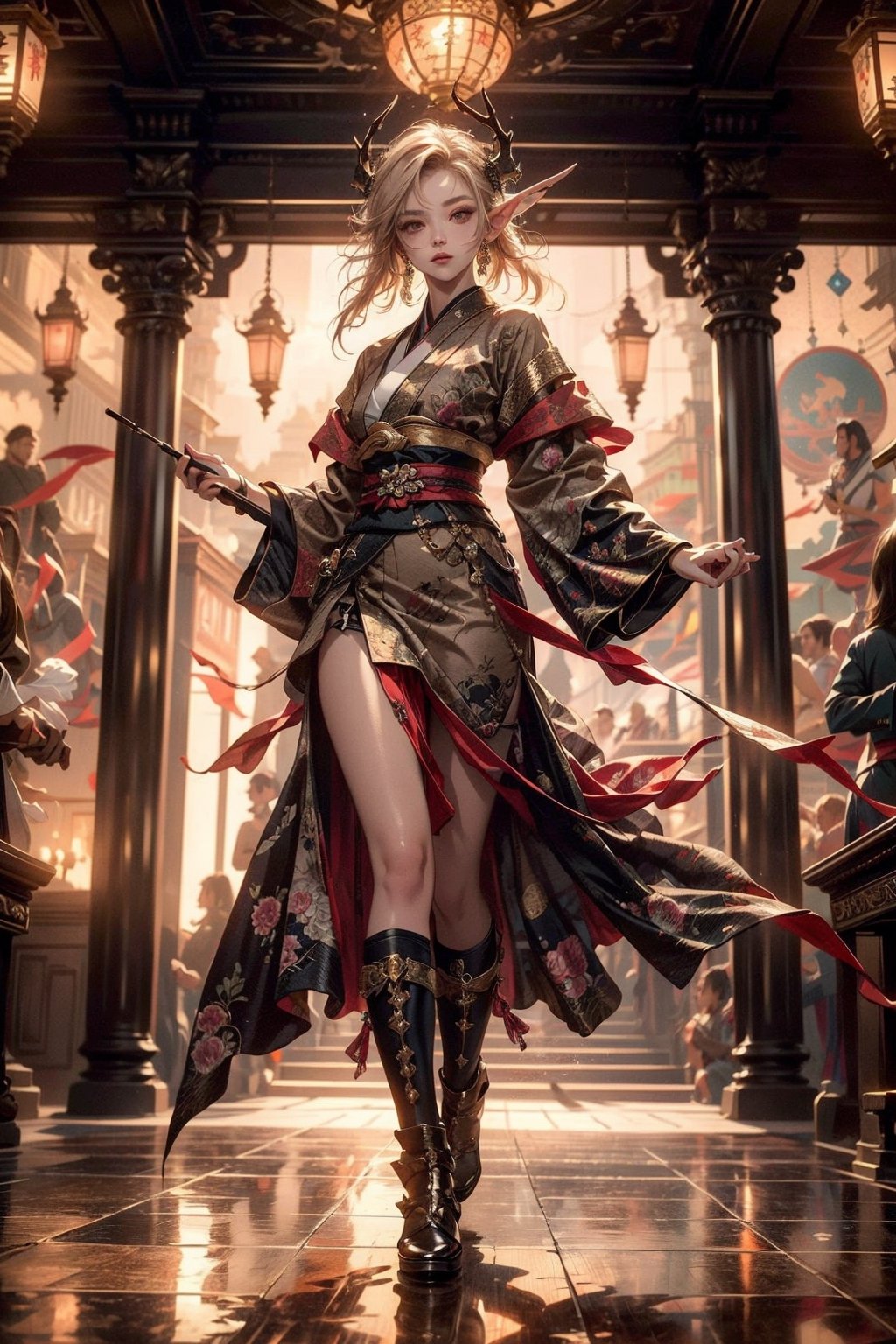 A beautiful girl, her hair straight long from dark brown to light brown from top to bottom, with elf ears and dragon horns, wearing a beige kimono skirt with a short skirt, and golden eyes, sakimichan, wlop, loish, artgerm, golden hour, 8k, soft lighting aesthetic, edge-to-edge print, volumetric lighting, action pose, extremely detailed natural texture, masterpiece, absurdres, depth of field, extremely detailed, amazing, fine detail, rich colors, dramatic lighting, unrealengine, mucha