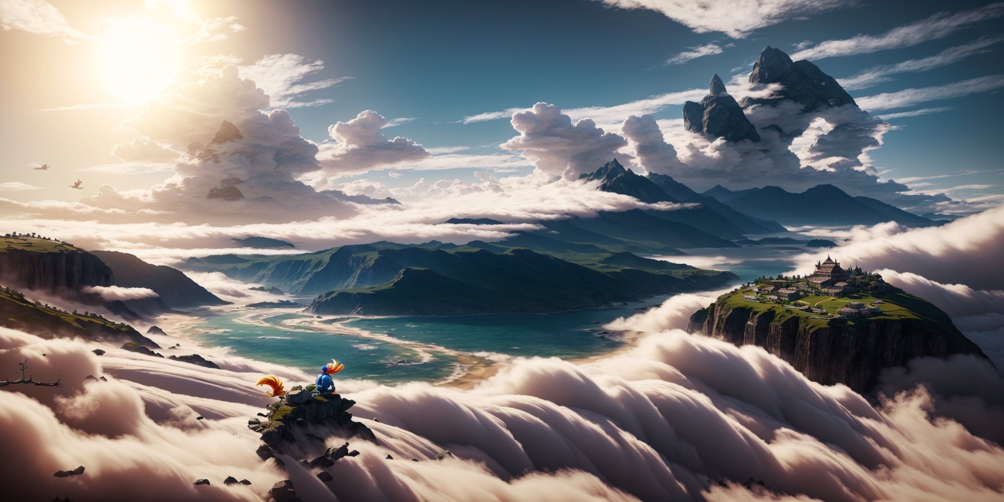 realistic dragon ball kami house in distance,sea iwth mountains on side,clouds makes a dragon,daytime,dragon ball anime,ai art