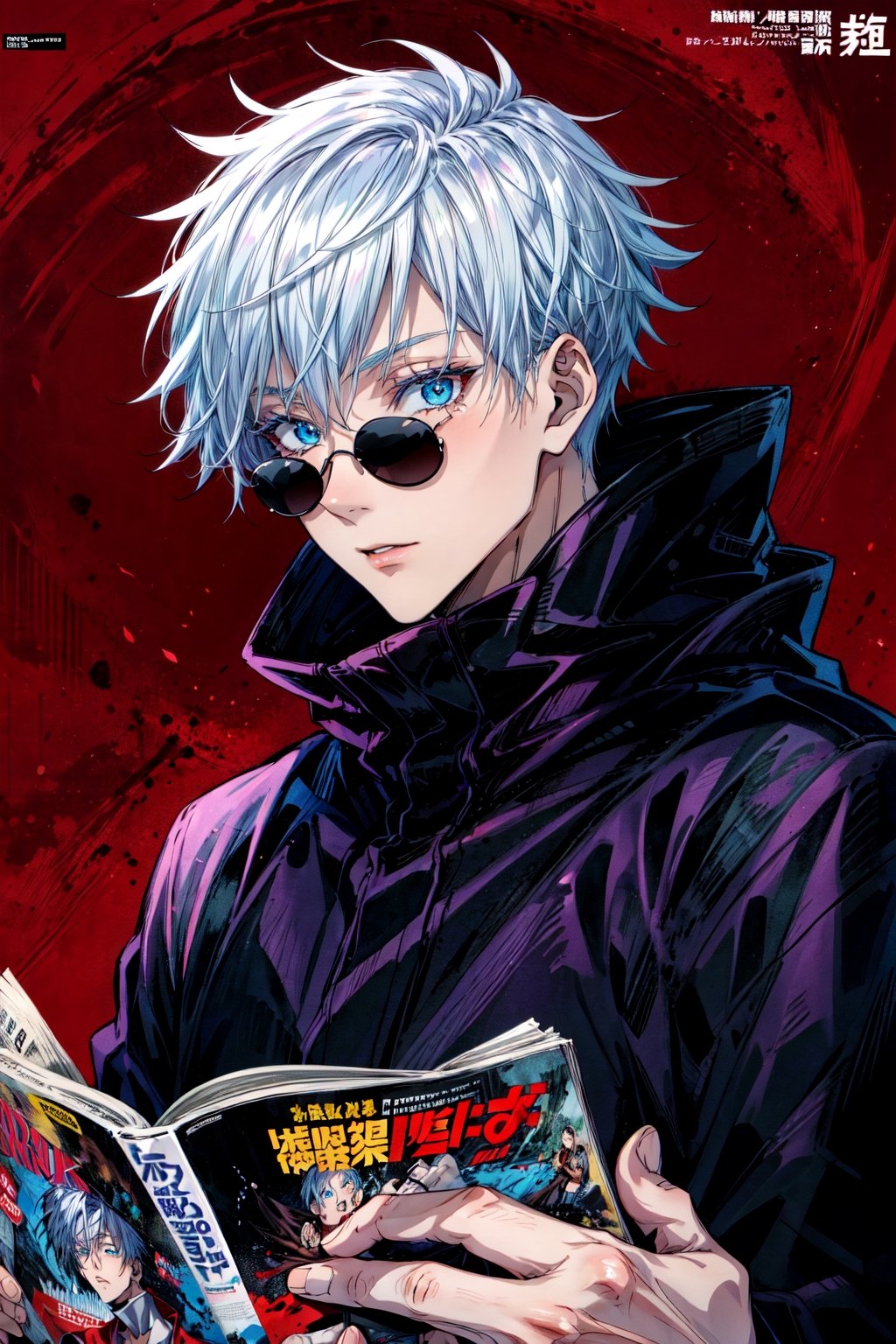 (masterpiece,best quality), 1boy, muscular, sunglasses,hooded cloak, red background,Jujutsu Kaisen, (magazine cover), satoru gojo,white hair,short hair,hair between eyes,blue eyes,colored eyelashes,magazine cover